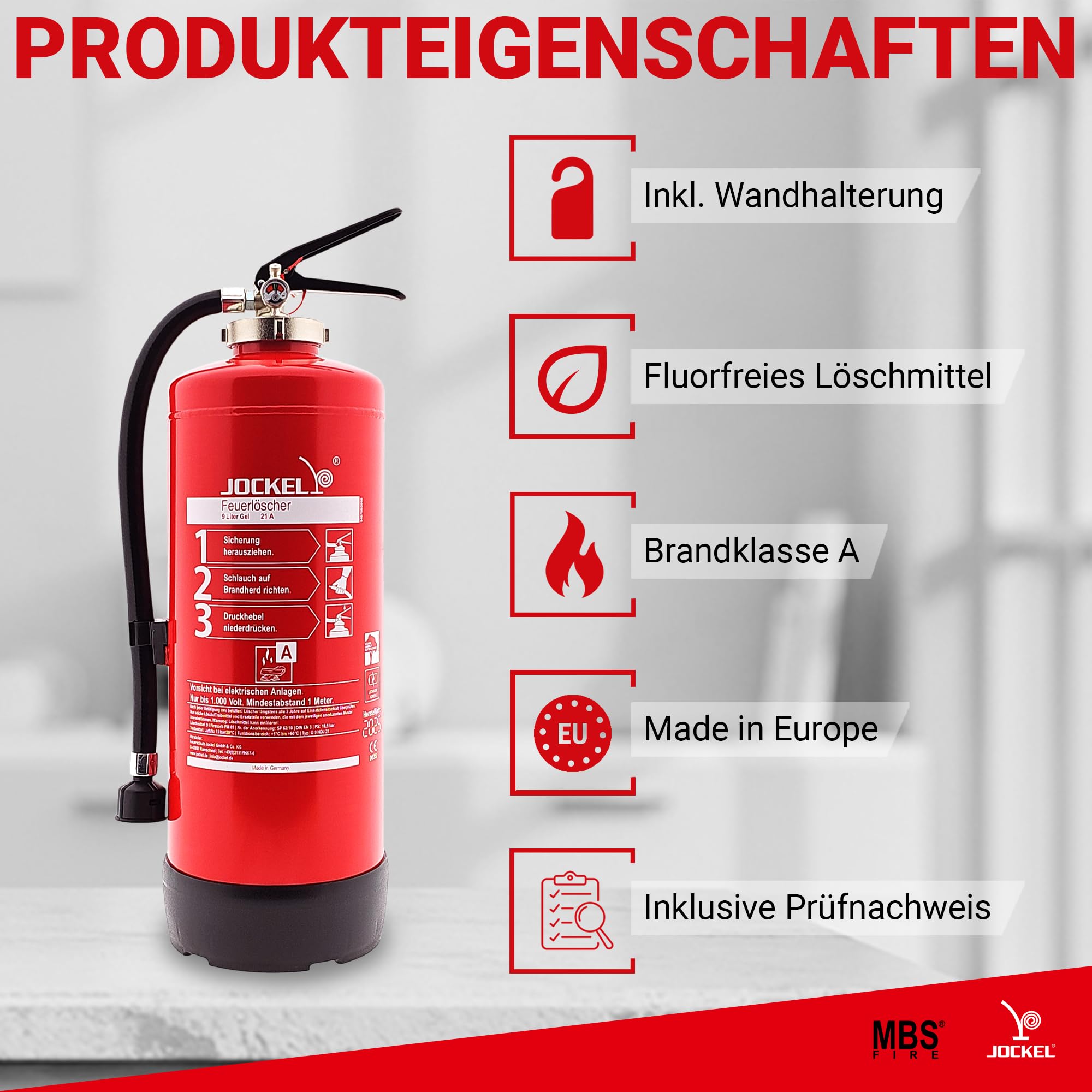 9Liter Gel-Feuerlöscher Gellöscher Sonderlöscher für Lithium-Ionen-Akkus DIN EN 3, GS + Wandhalter + Standfuß, 8 A = 4 LE Feuerlöscher mit Instandhaltungsnachweis von MBS-FIRE