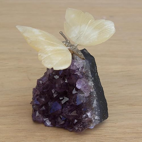 Miniatura 6 de NOVICA Escultura artesanal de piedras preciosas hechas a mano con mariposas en miel, calcita, amatista, morado, amarillo, latón, Brasil, NAT Geo