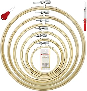 6 GrößEn Runder Stickrahmen Set,Kreuzstich Ring,Bambus Stickrahmen, mit 1 Kreuzstichtrenner Und 1 NadeleinfäDler, Bambus Kreis Kreuzstich Hoop Ringe für Diy Handwerk NäHen