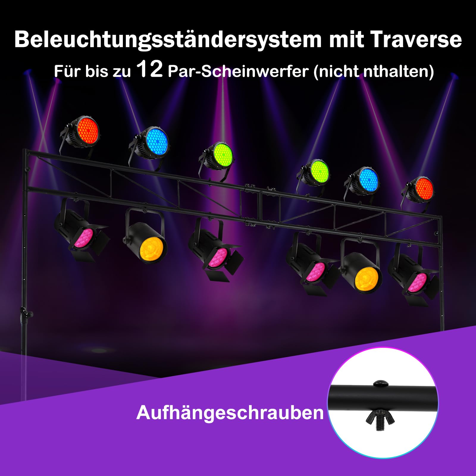 HOMASIS 360 cm Beleuchtungsstativ, DJ-Lichtstativ aus Metall, DJ Licht Stativ höhenverstellbar 140-265cm, Lichtbrücke mit 2 abnehmbaren faltbaren Ständern, Lampenstativ für Bühne, Partys & Konzerte
