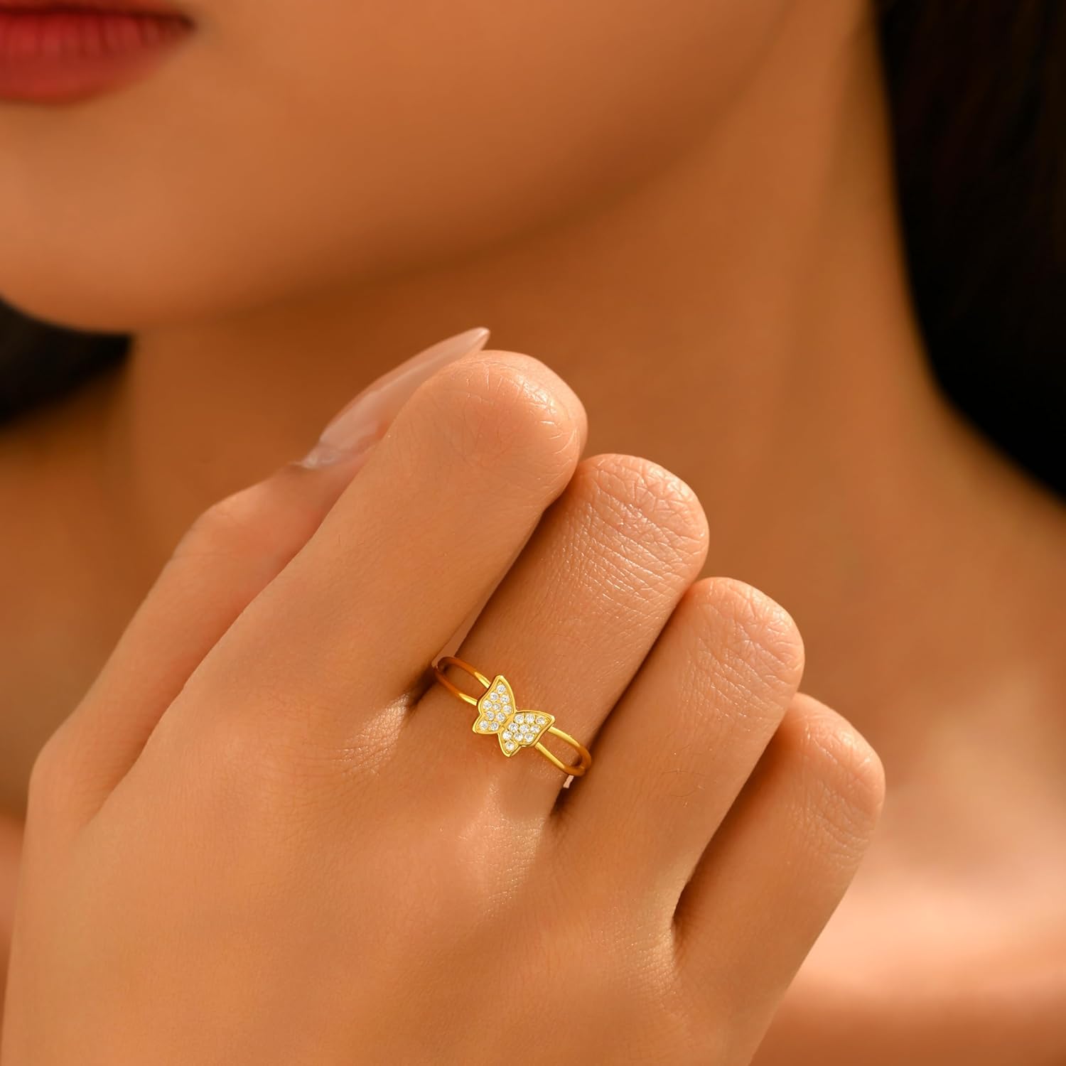 Butterfly Rings for Women,925 Sterling Silver Dainty CZ Butterfly Double Layer Stackable Rings to Daughter Mother 14K Gold Plated Crystal Butterfly Animal Rings Spring Jewelry Gifts for Easter Mothers Day