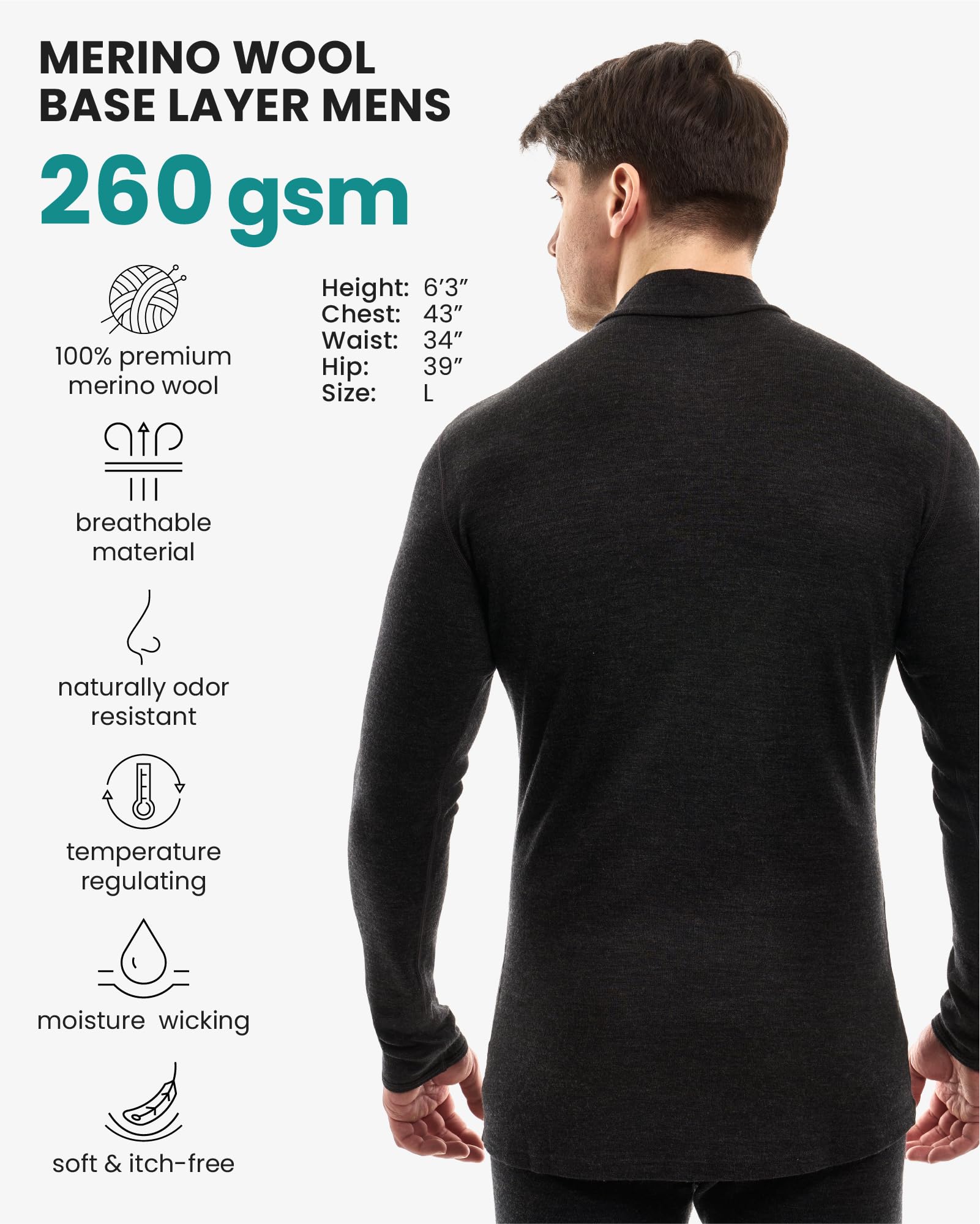 Merino.tech 100% Lana Merino Dolcevita Uomo - Maglia Termica + Calzini | Maglione 2 Stili Di Collo,Non Pizzica Calore e Stile Casual, Protezione e Traspirabilità Ideali Per Il Trekking e Lo Sci