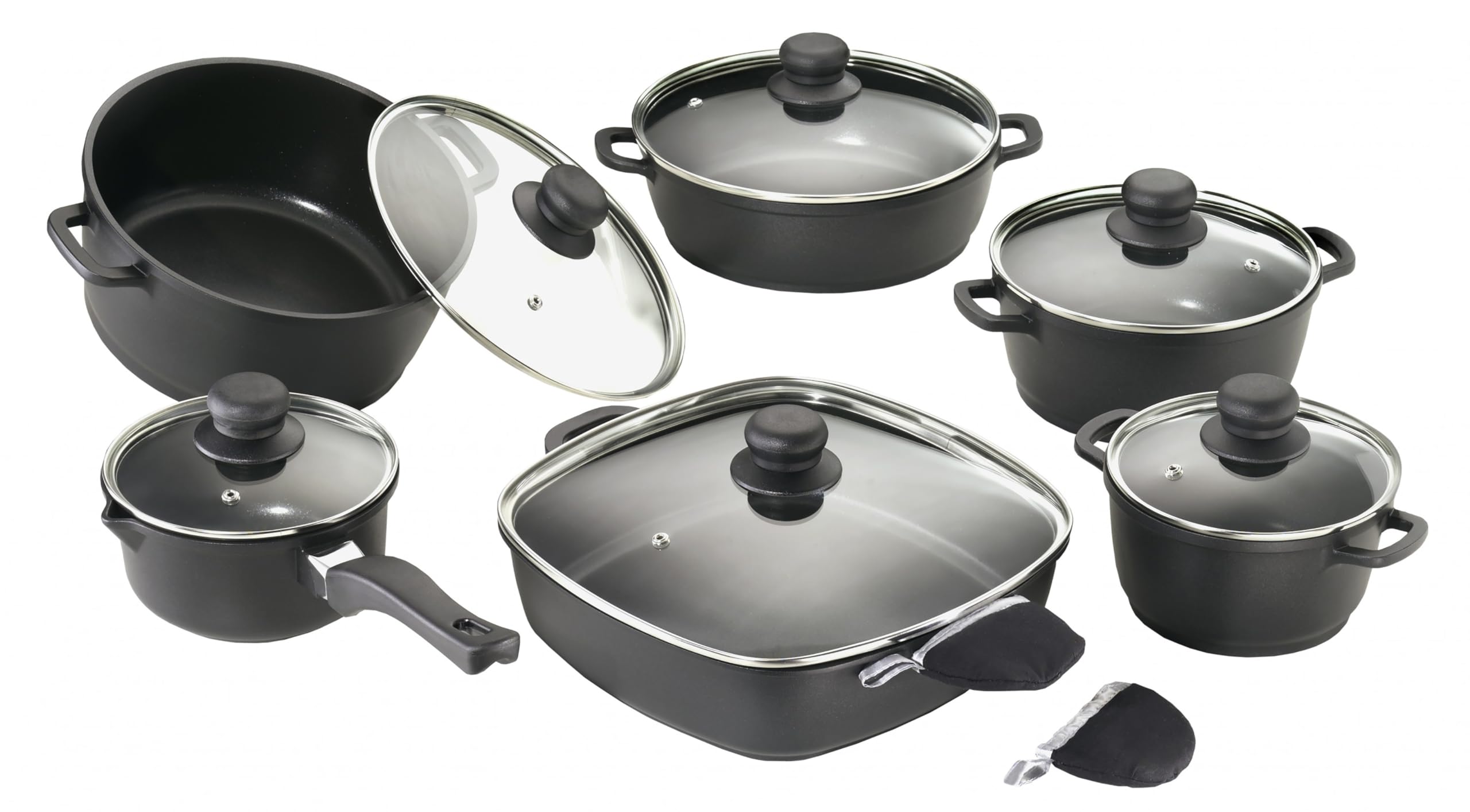 Karcher Kochtopfset Aluguss 12-teilig – Topfset mit Teflon Classic Antihaftbeschichtung, Glasdeckeln & Thermogrips – für alle Herdarten außer Induktion, backofenfest & spülmaschinengeeignet