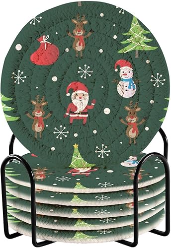 innewgogo Christmas Reindeer Snowflakes 6 Pcs Absorbent Drink Coasters for Tabletop Protection Handmade Round Woven Coaster with Holder & Heat Water