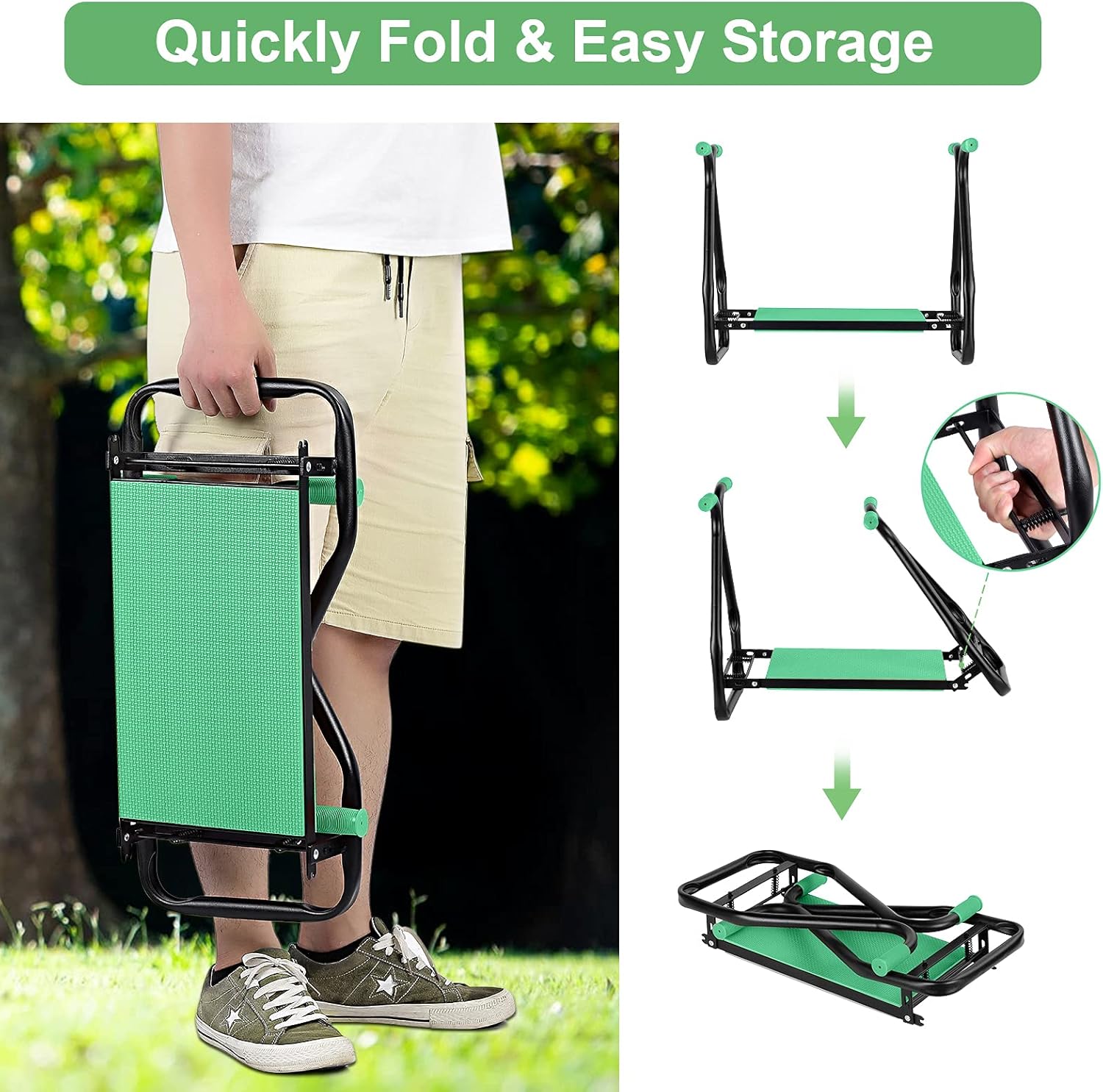 Garden Kneeler and Seat, Foldable Garden Stool with 3 Tool Pouches and Soft Kneeling Pads, Lightweight and Sturdy Outdoor Gardening Tools for Garden Work, for Keen Gardeners, Green : Patio, Lawn & Garden