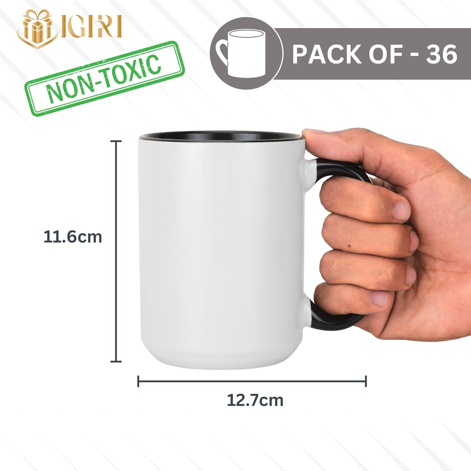 IGIRI Set of 36 Sublimation Ceramic Blank Mugs, 15 oz Sublimation Coffee Mugs Bulk, Coffee Cups with Colored Handle and Inside Ceramic Mug - 36 Pack (Black)