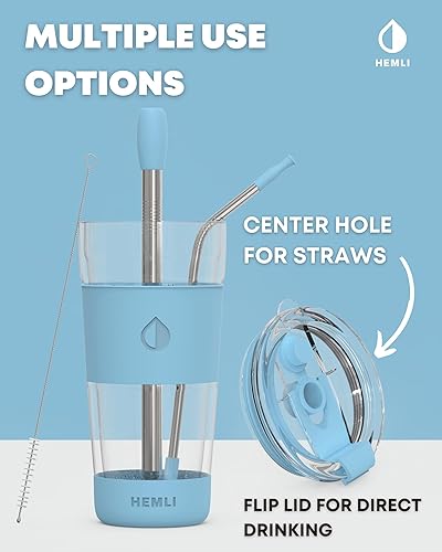 Miniatura 20 de Vaso de café de vidrio de doble pared de 19 onzas, taza de viaje con tapa, termo de vidrio portátil con pajita, taza reutilizable, té, batidos, café