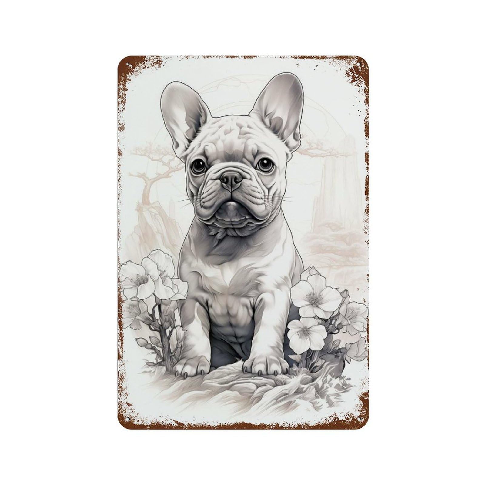 Decorative Tin Sign with French Bulldog Oriental Design 11.8"x7.9", for Basement, Hobby Room And Garage Decor, Farmhouse Wall Decor