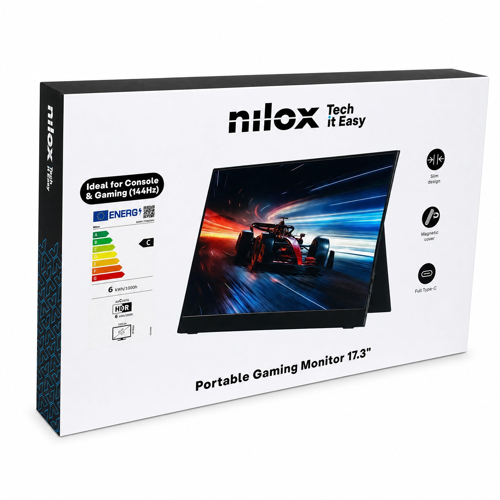 Nilox NXMP17FHD1441 Monitor Portatile 17.3'' IPS Full HD, Frequenza 144 Hz, Connessioni USB‑C e Mini‑HDMI, Design Ultra‑Sottile