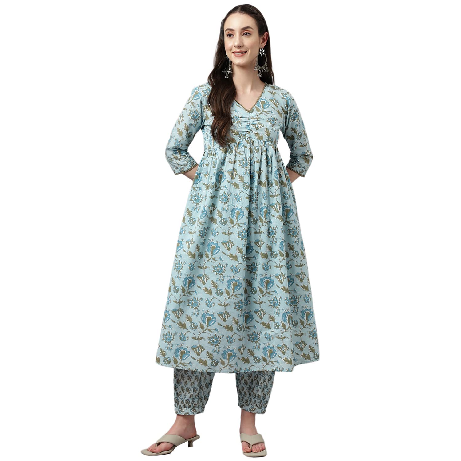 FIORRA Women's Light Blue Pure Cotton Flared Kurta with Pant