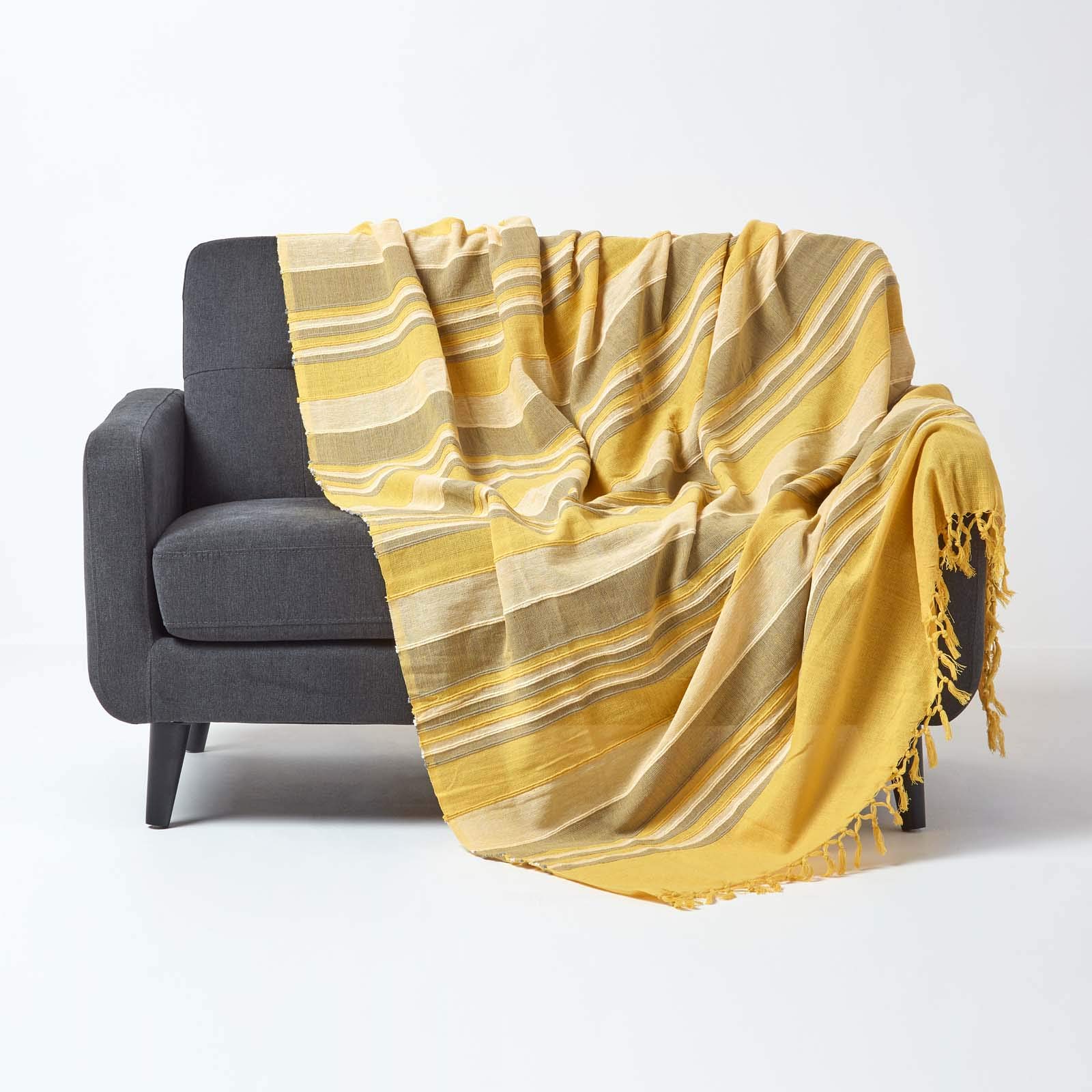 Homescapes Unisex Yellow Cotton Morocco Striped Throw In 255Cm X 360Cm