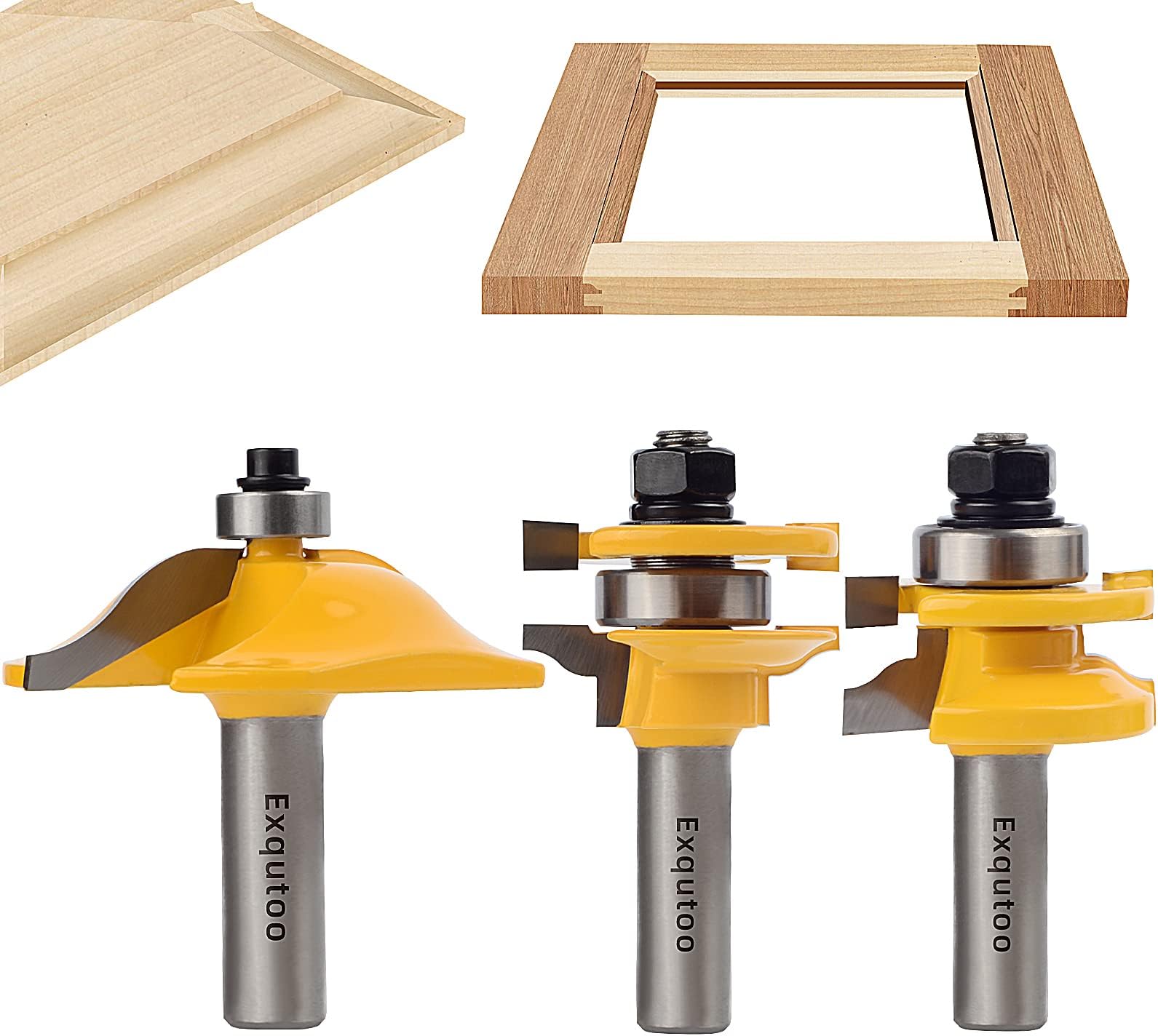Exqutoo 3PCS 1/2" Shank Router Bit Set, Raised Panel Cabinet Door Making Router Bits, Cemented Carbide Router Bits, Woodworking Tools Router Door & Window Bits (Tenon Joint Cutter Diameter: 1-5/8")