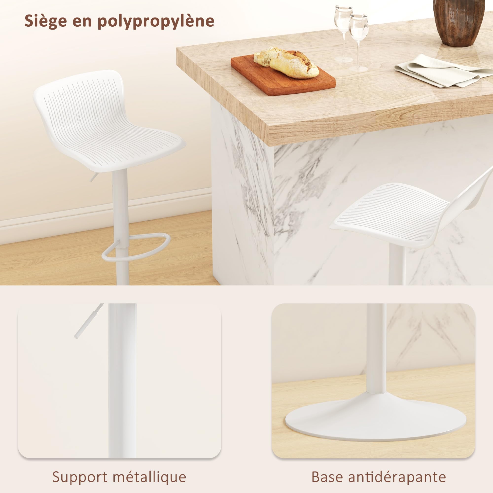 HOMCOM Set 2 Sgabelli da Bar con Schienali Ergonomici, Poggiapiedi, Sgabelli Cucina Alti Regolabili in Polipropilene con Seduta Girevole e Base Antiscivolo per Sala da Pranzo, Penisola Cucina, Bianco