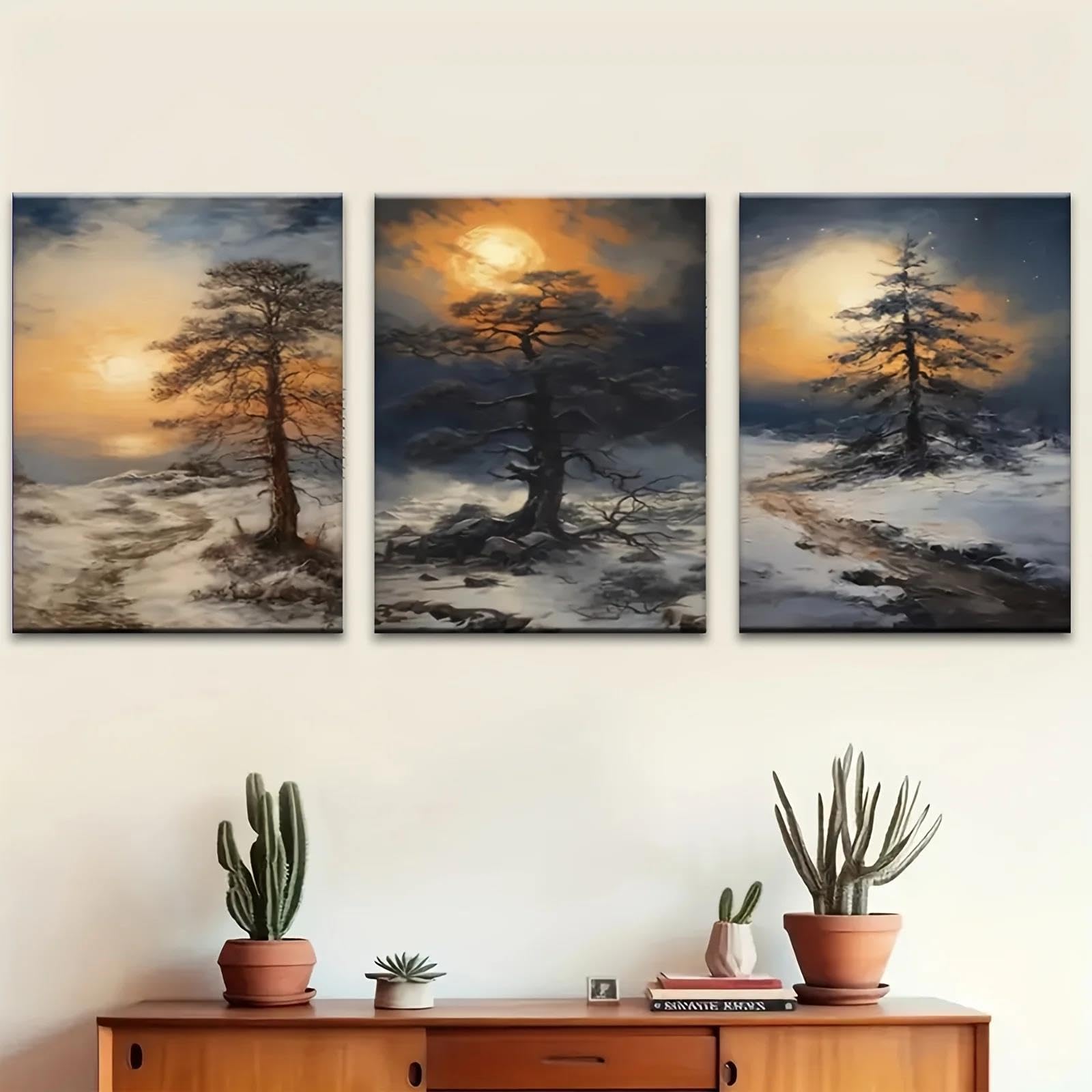 Yocheng 3pcs Minimalist Decorative Painting Pine Tree Scene Theme Canvas Wall Art Minimalist Watercolor Art Prints, Suitable For Homes 21x30cmx3 No Frame