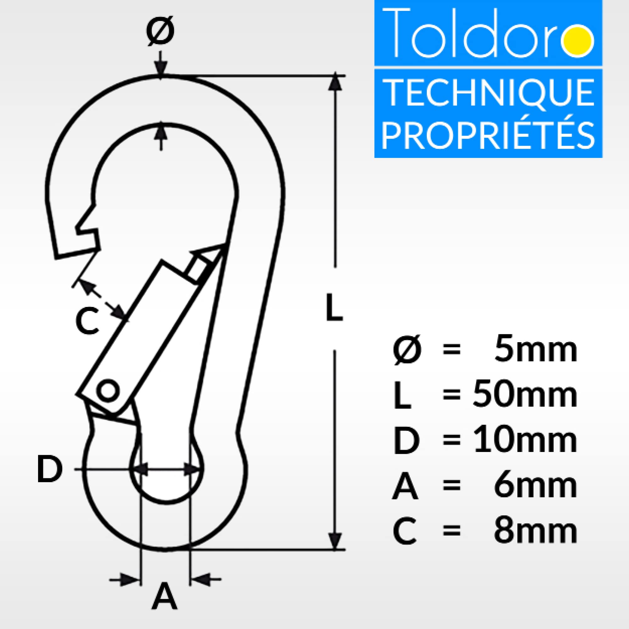Toldoro Lot De 10 Mousquetons 5×50 Mm Acier Inox V4A – Charge 410 Kg, Résistants Eau Salée & Intempéries