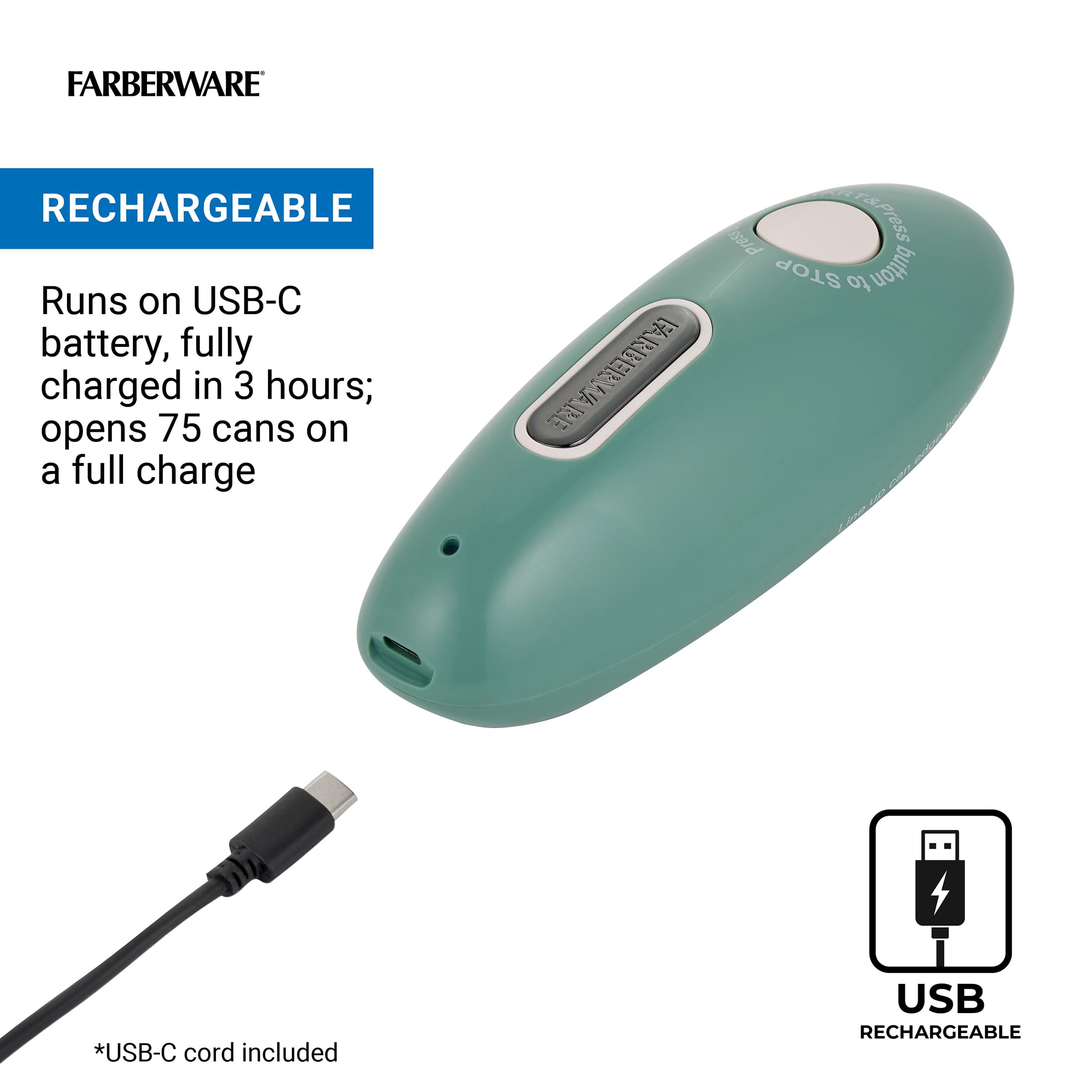 Farberware Elektryczny otwieracz do puszek z ładowaniem USB, bez użycia rąk, automatyczny otwieracz do puszek z wbudowaną baterią, magnetyczny podnośnik pokrywy, kompaktowa konstrukcja, przewód do