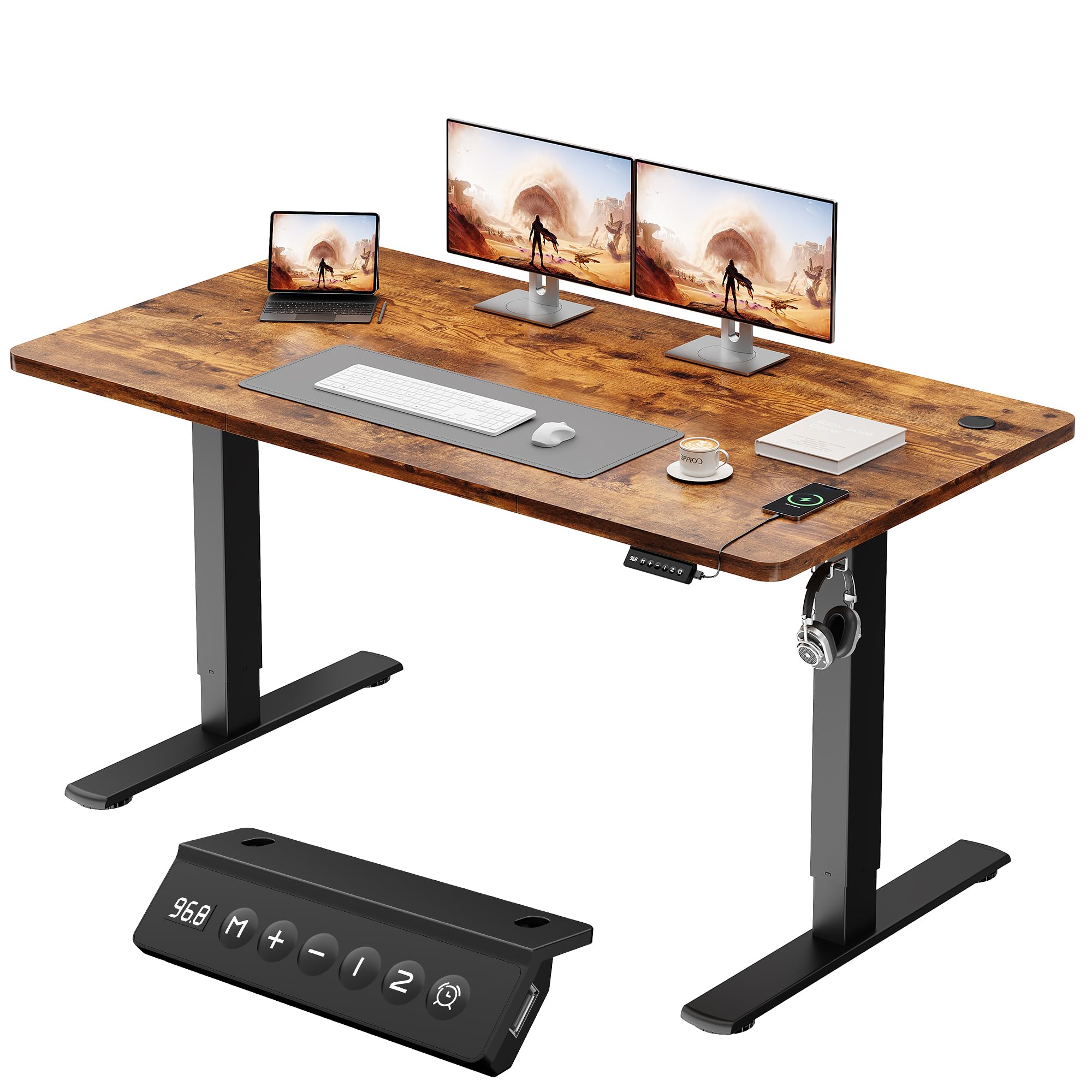 JUMMICO Electric Standing Desk 140x60cm – Height Adjustable with USB Charging, Sedentary Reminder, Memory Heights for Home Office Use, Rustic Brown
