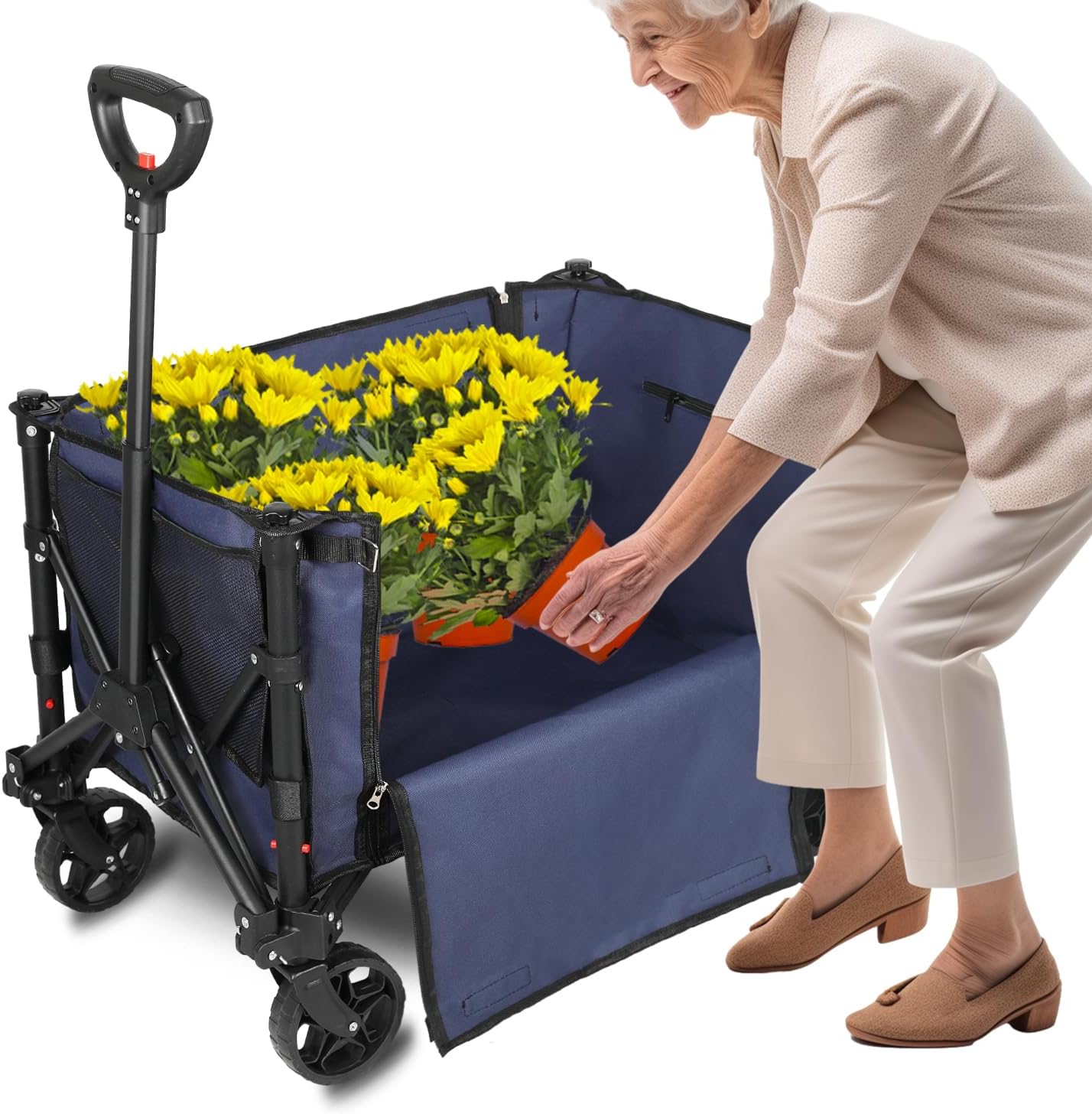 Heavy Duty Collapsible Wagon Carts, Compact Folding Utility Wagon with Versatile Canvas for Grocery, Camping, Shopping, Garden, Sports, Load up to 155LBS/120L, Navy