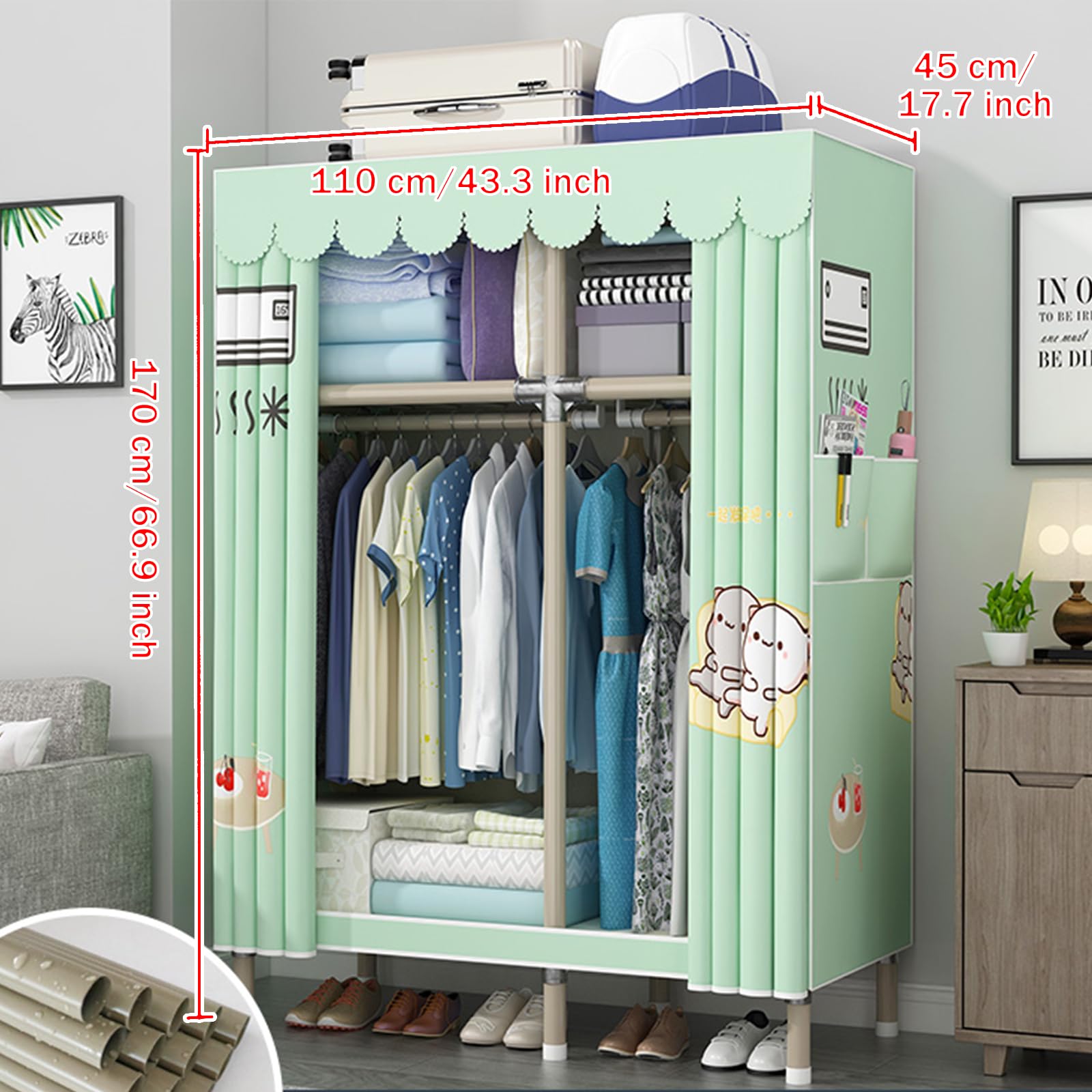 Canvas Kleiderschrank, Stoff-Kleideraufbewahrung mit Regalen und Kleiderstange, tragbarer Kleiderschrank mit Seitentaschen für Schlafzimmer und Wohnzimmer
