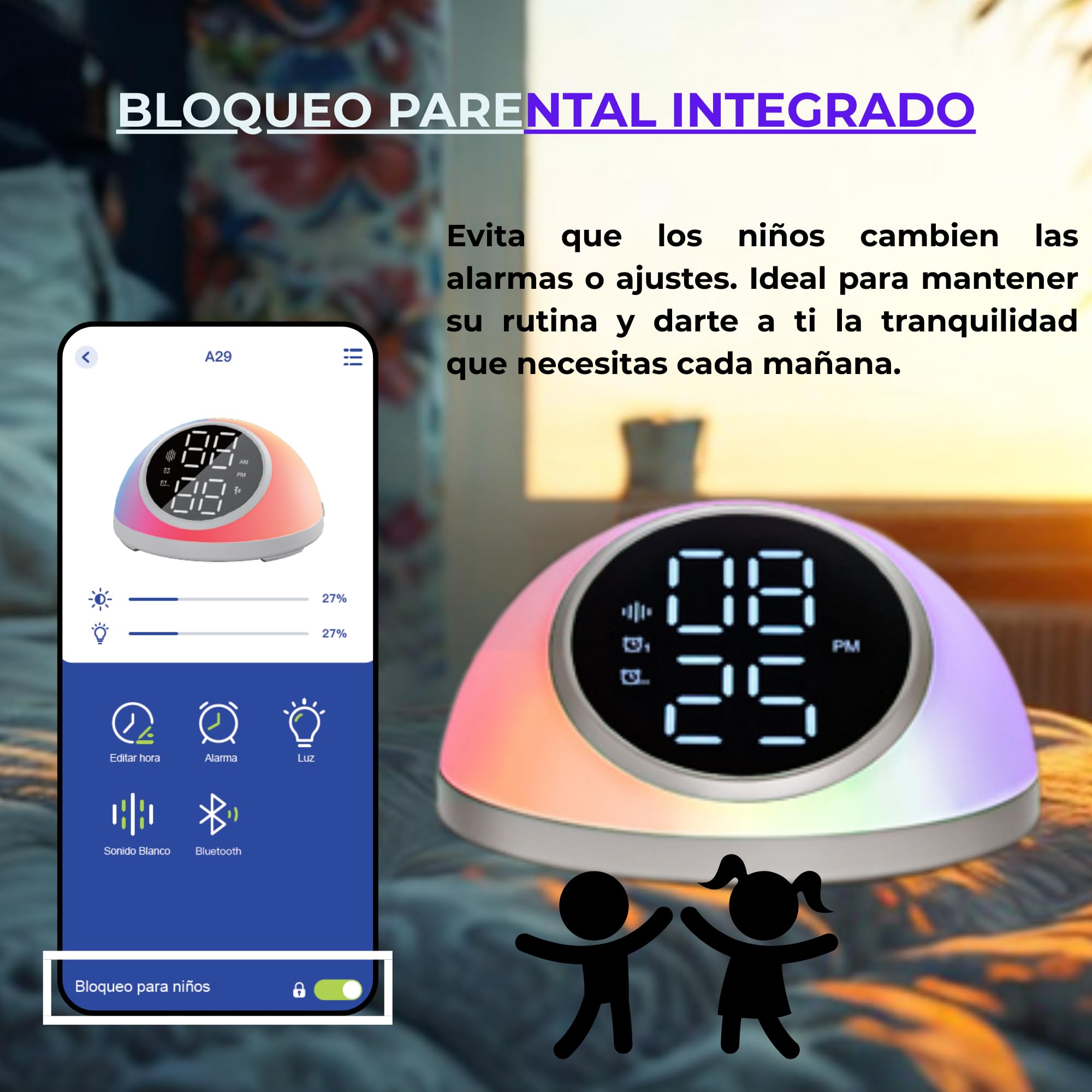 smartia - Despertador Inteligente Modelo 2026 Pro, Despertador Digital con App Programable, Despertador Solar y 20 Sonidos de Naturaleza, Alarma con luz de Amanecer, Reloj Despertador Digital