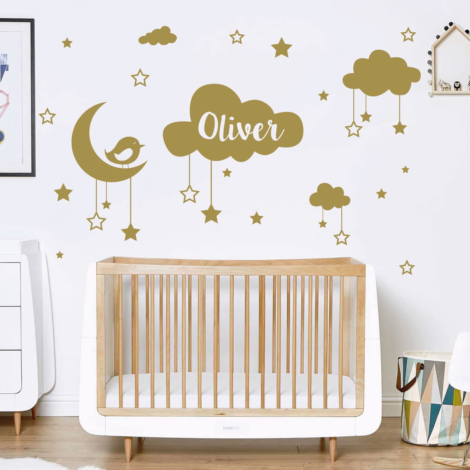 Personalised Name Baby Wall Sticker - Clouds, Stars, Moon & Bird [Large] [Gold]