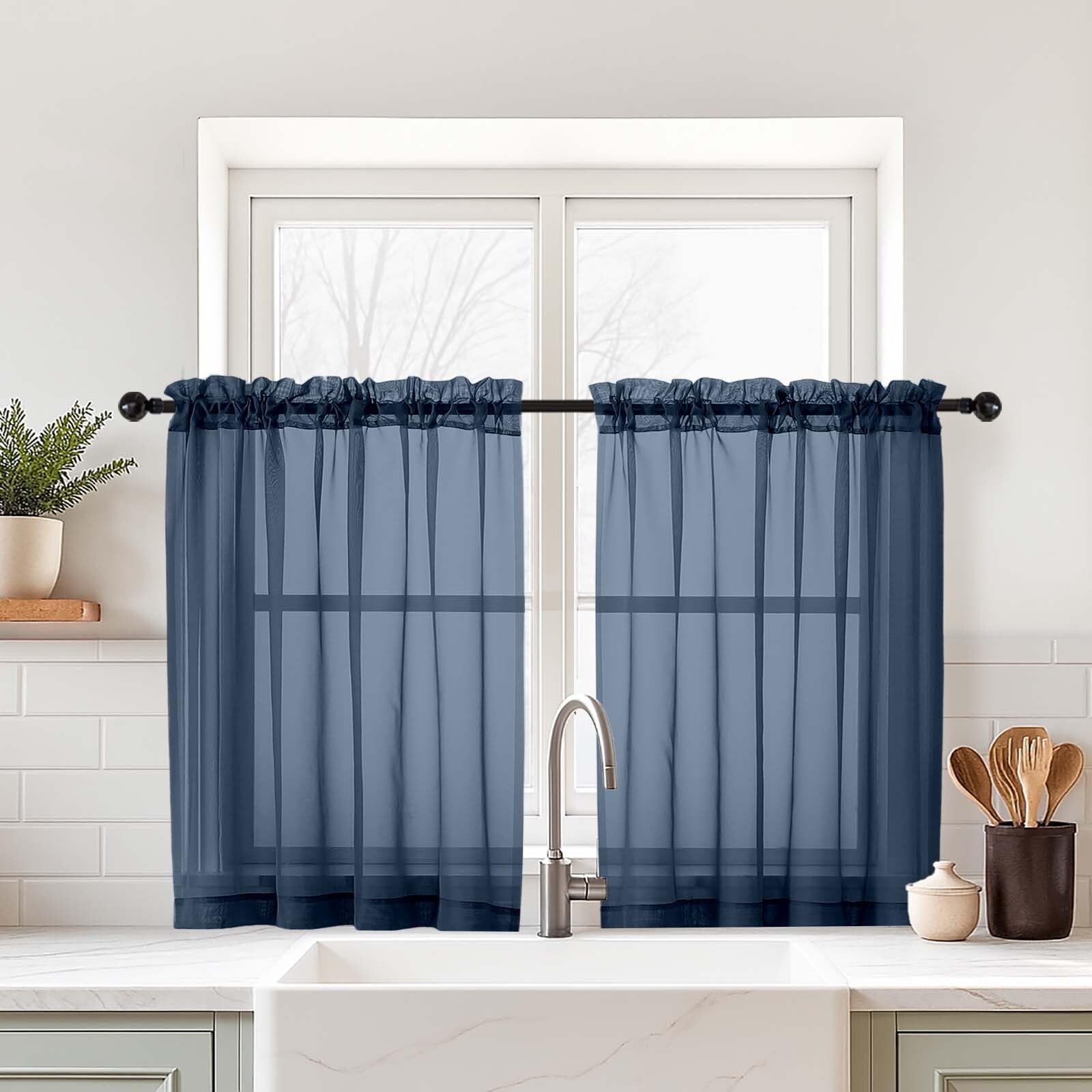 Ebesto Navy Blue Sheer Curtains Tier 30 Inches Length 2 Panels, Light Filtering Lightweight Soft Window Treatments Drapes, Cute Elegant Cafe Curtains for Nursery, Dual Rod Pocket, 2x42Wx30L Inches