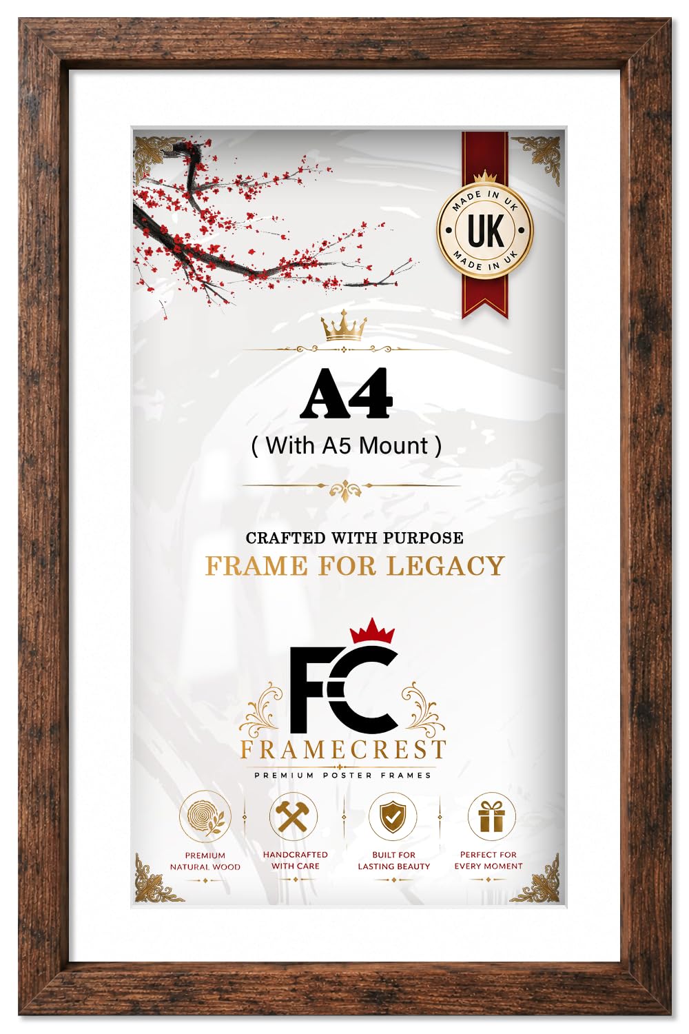 FRAMECREST LTD Solid MDF Wood A4 Photo Frame with A5 Mount - Natural Finish Picture Frame for Wall or Tabletop Display - Shatterproof Acrylic Glass for Home & Office Decor - [Rustic] — image 1