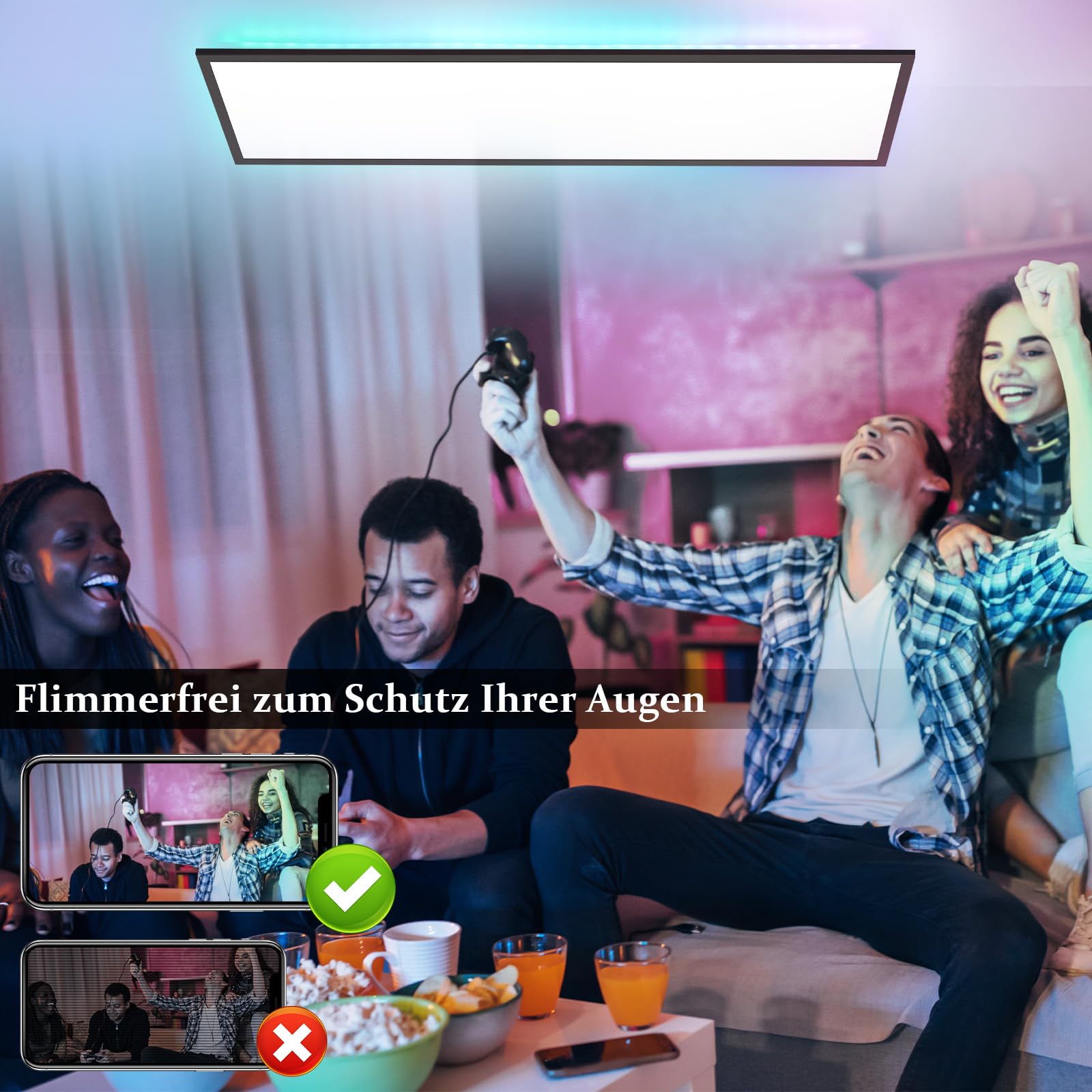 CBJKTX LED Panel 100x25 regulable - RGB retroiluminado con cambio de color | larga y plana para oficina con mando a distancia grande 24 W negra rectangular Lámpara de techo para sala de juegos y salón
