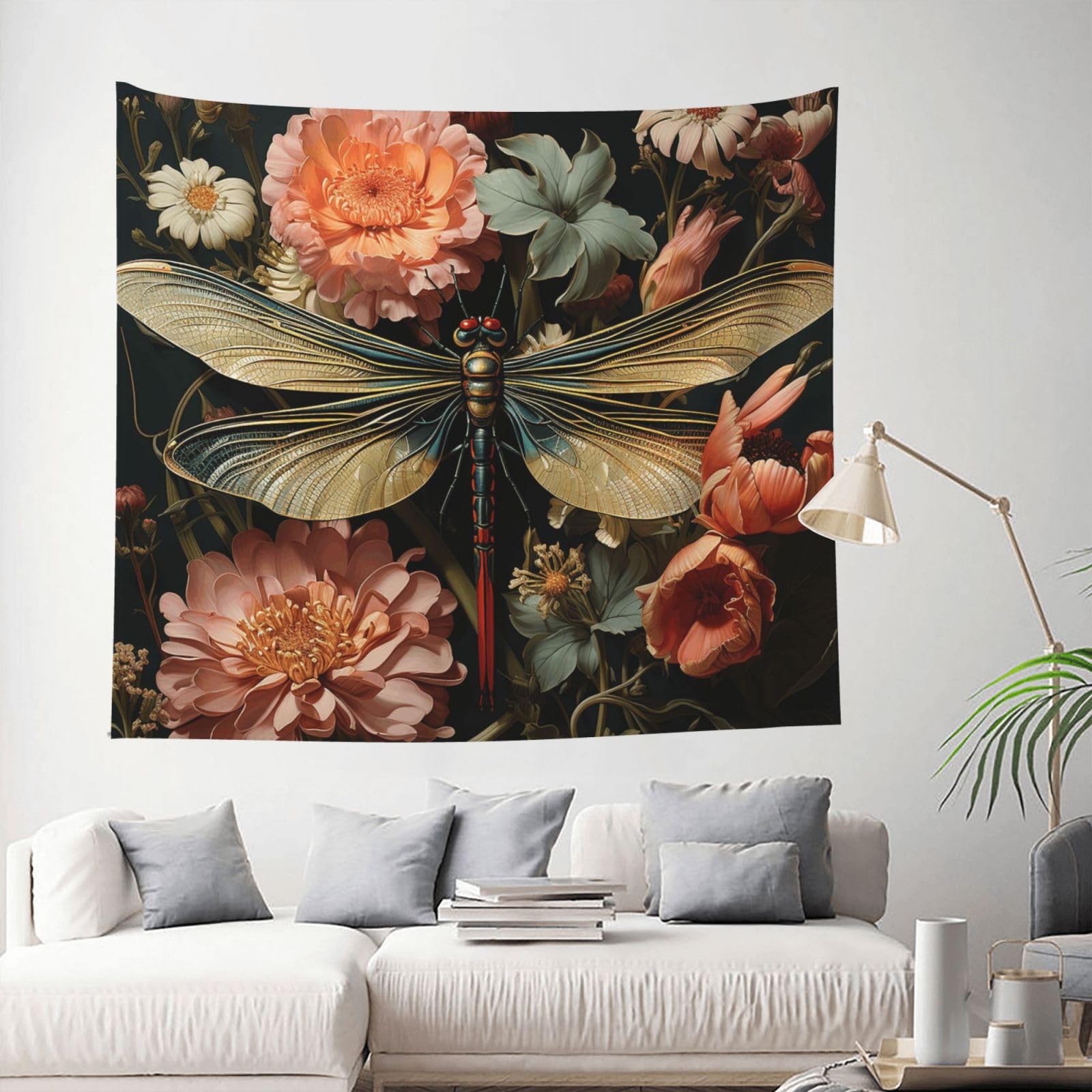Tapestry 153 X 130 CM Inches Wall Hanging for Living Room Dragonflies and Flowers Tapestrys Home Decor Soft Aesthetic Tapestries Hanging Decor Blanket Wall Tapestry for Bedroom Dorm Indoor Outdoor