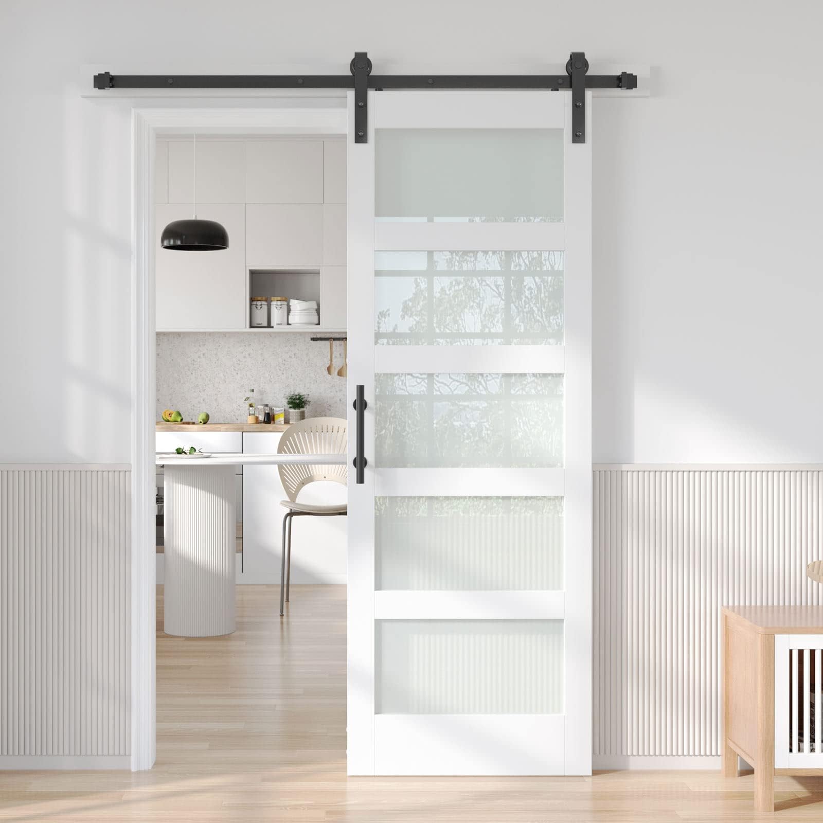 Fredbeck 30in x 84in White Glass Barn Door with 5.5FT 66inch Sliding Doors Hardware Kit Included & Handle,PVC Surface,Need to Assembly,Water-Proof