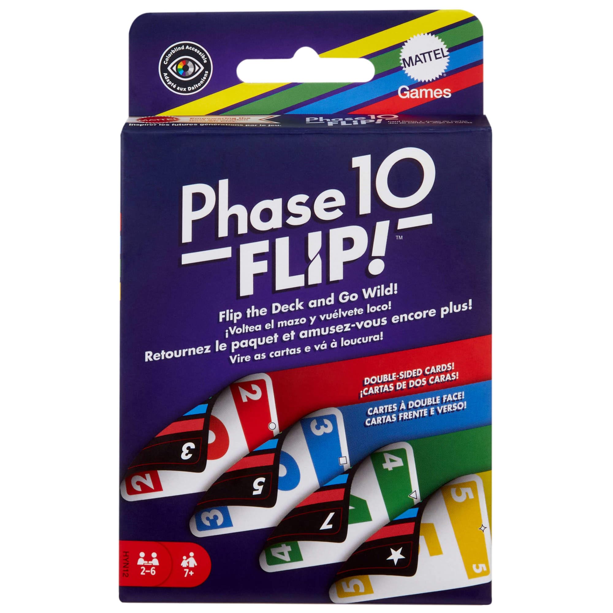 Mattel Games Phase 10 Flip Juego de cartas de los creadores de UNO, juego de mesa familiar con cartas de doble cara, y fases especiales de colores, juguete regalo para niños y niñas +7 años, HYN12