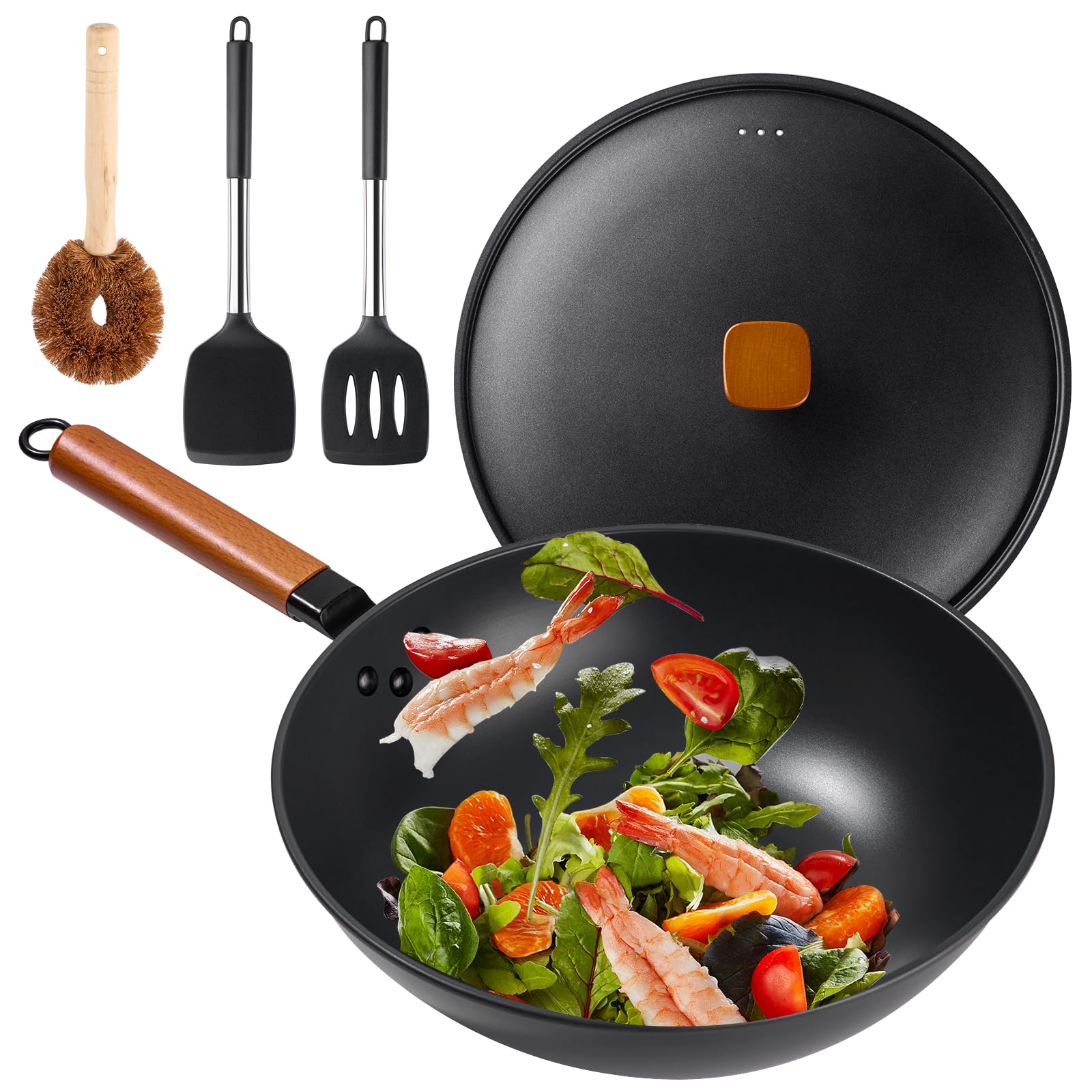 Wok Pan with Lid - 13" Nonstick Wok, Carbon Steel Woks & Stir-Fry Pans with Cookwares, Flat Bottom Chinese wok for Electric, Induction and Gas Stoves
