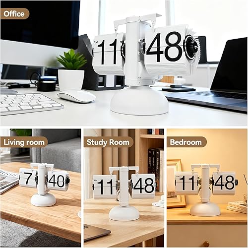 Miniatura 5 de Reloj de Escritorio Plegable, Reloj de Mesa Retro Vintage con Giro Automático, Reloj Mecánico de Números Grandes con Batería, Operado por Engranajes