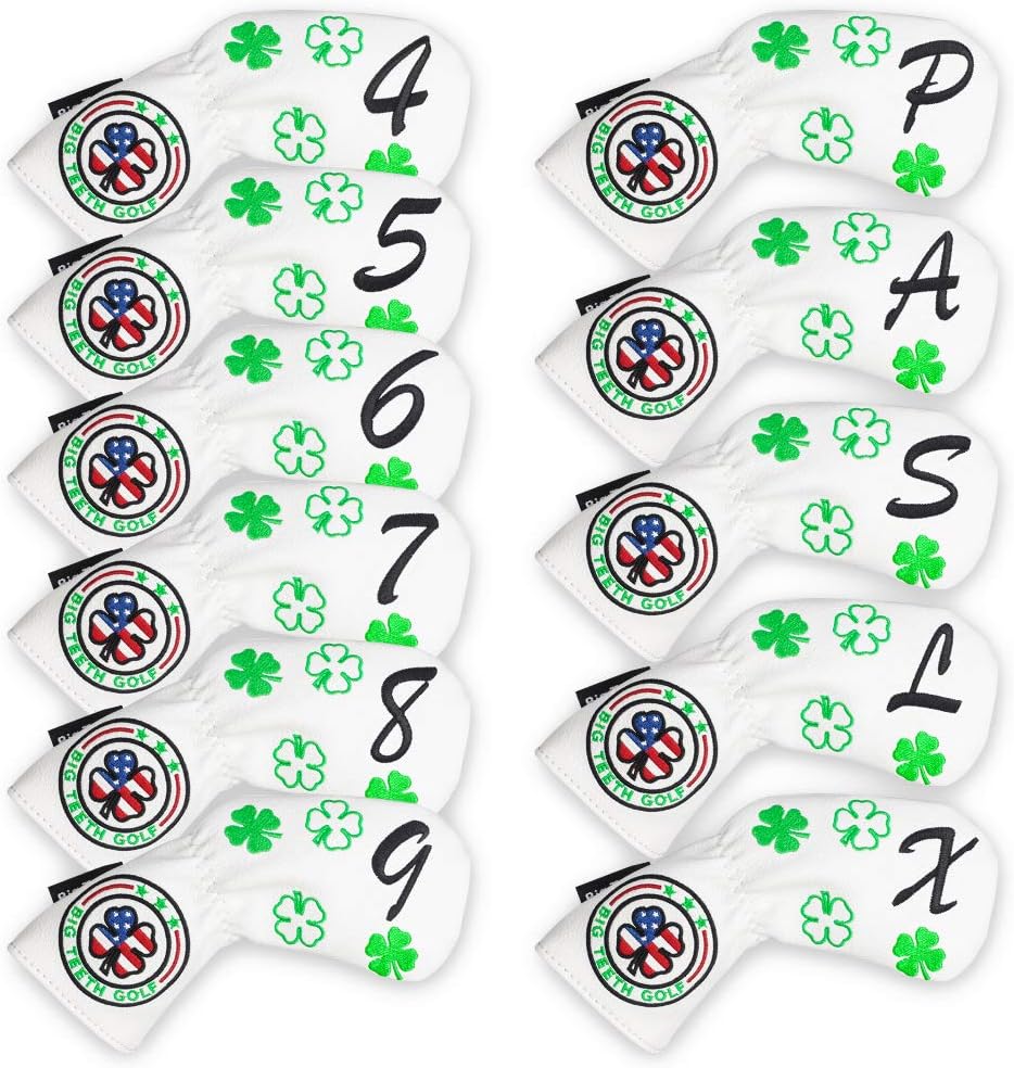 Big Teeth Golf Cover Lucky Clover Headcover Covers, Driver Fairway Wood Hybrid Headcovers Fits Blade Mallet Putter Iron and Woods with Magnetic White Shamrock Head Club Protector Leather