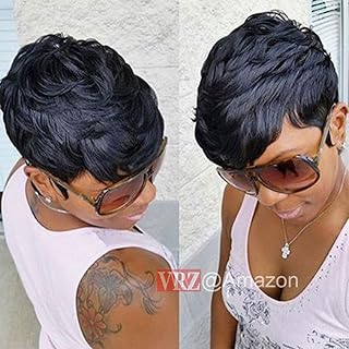 Best VRZ Short Curly Human Hair Wigs pixie Cut Summer Short Hair Wigs for Women Black Color 1B Review 