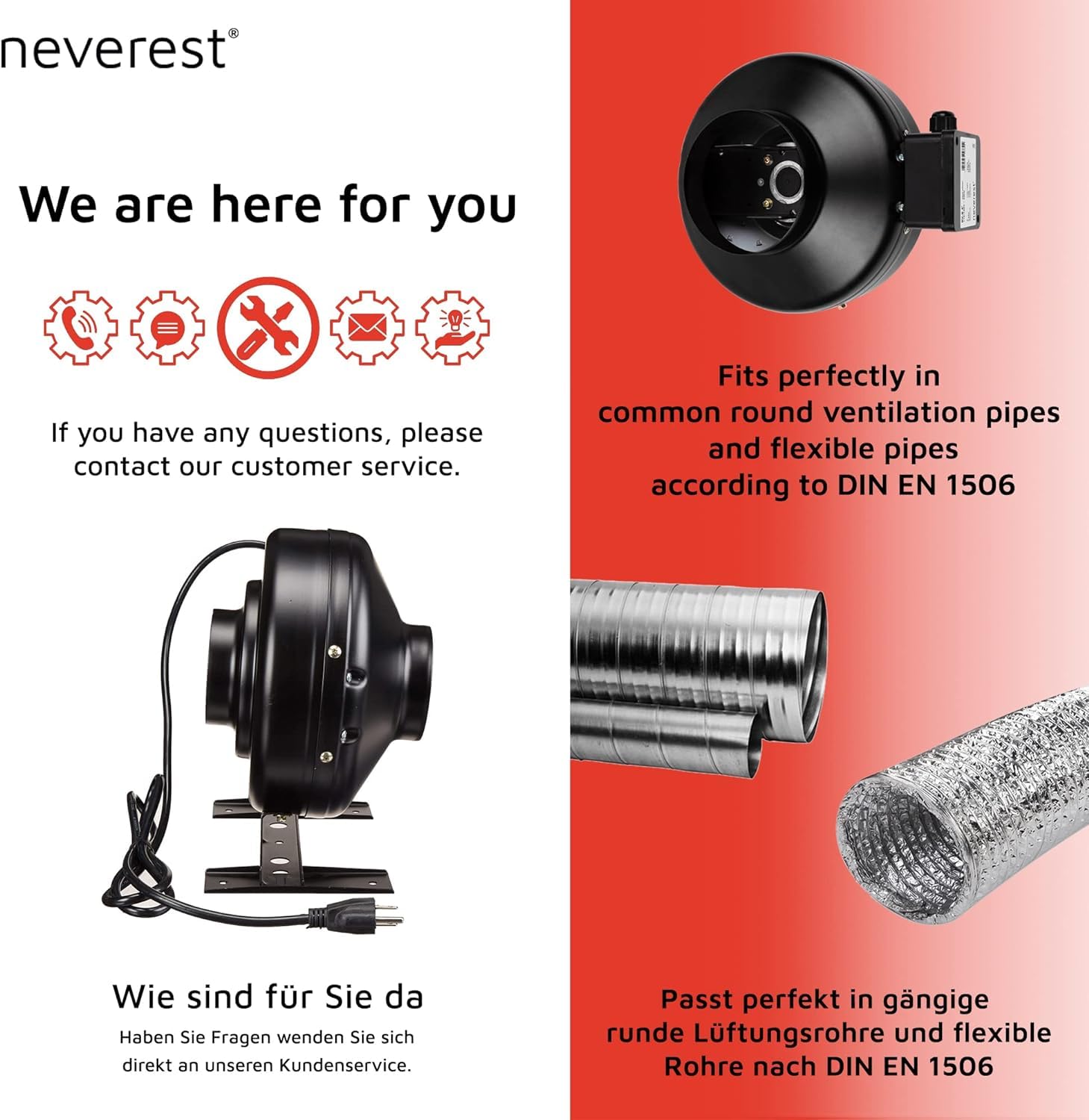 neverest® RV-B 100 mm Ventilatore Centrifugo in Linea Aspiratore Professionale Condotto Riscaldamento Raffreddamento 210 CFM, 300 pa, 2400 rpm, 42 dB (A) 70 W 0.65 A Min/Max.