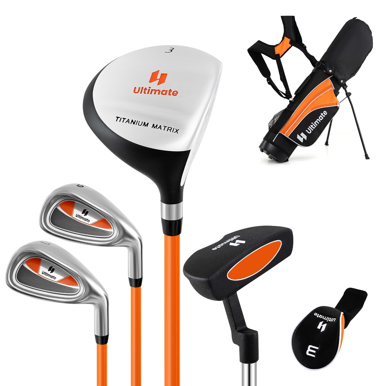 LIFEZEAL Ensemble de Clubs de Golf pour Enfant droitier avec Fer #3 Fairway, #7 & #9, Putter, Couvre-Clubs, équipement de Golf pour garçons et Filles de 8 à 10 Ans