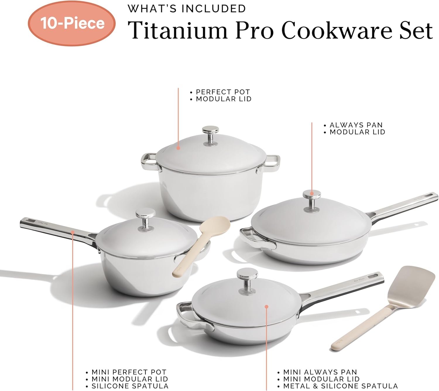 Our Place Titanium Pro Cookware Set | 10-Piece Pots and Pans Set with Always Pan Pro, Perfect Pot Pro & Minis | Non-Toxic No-Coating Nonstick | Induction & Oven-Safe up to 1000°F | Chrome - Image 7