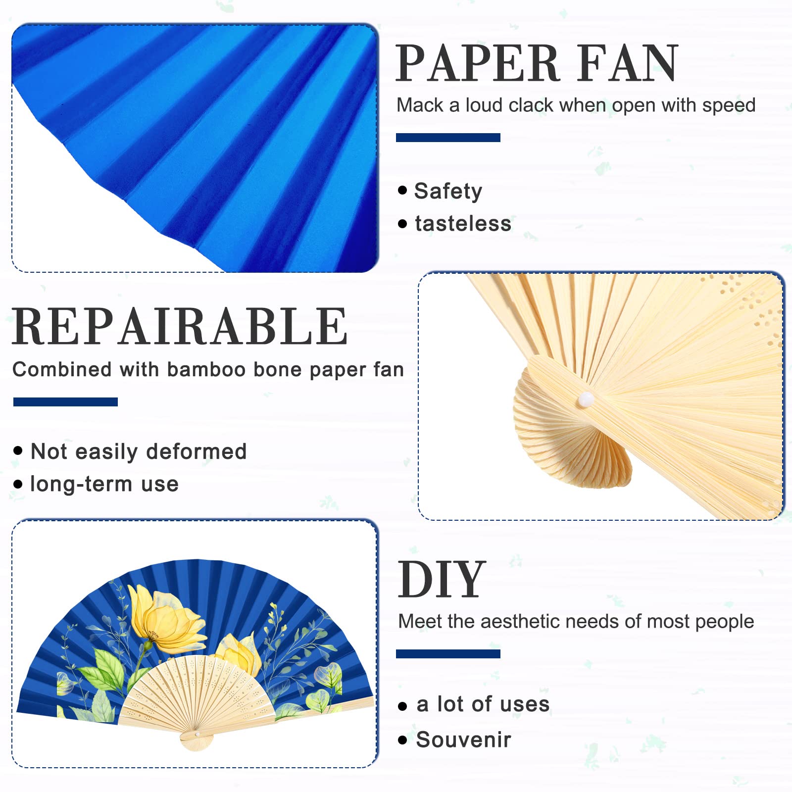50 Pack Handmade Paper Folding Fans with Gift Bags Thank You Card, Bamboo Handheld Folded Fan for Home DIY Office Decor Wedding Party Baby Shower Party Gift Accessories (Royal Blue)