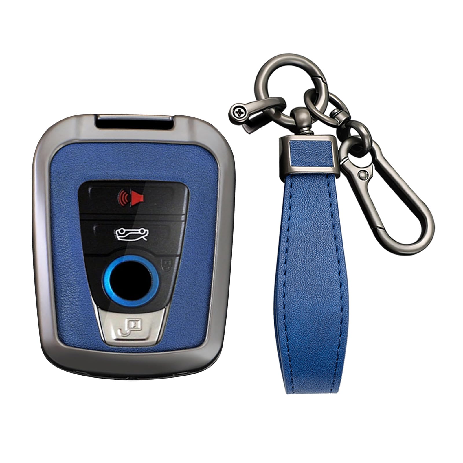 KUNIO PU Leather+Zinc Alloy 4 Button Smart Key Fob Cover Case Fit for BMW 2014-2019 I3 2014-2020 I8 Keyless Key Holder with Leather Keychain Car Accessory B Gun Blue