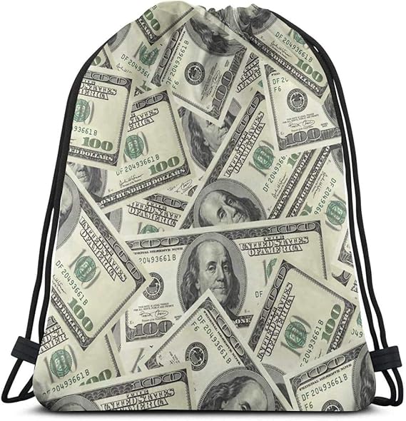 Women 100 Dollar Money Drawstring Backpack Bag Sport Gym Sackpack
