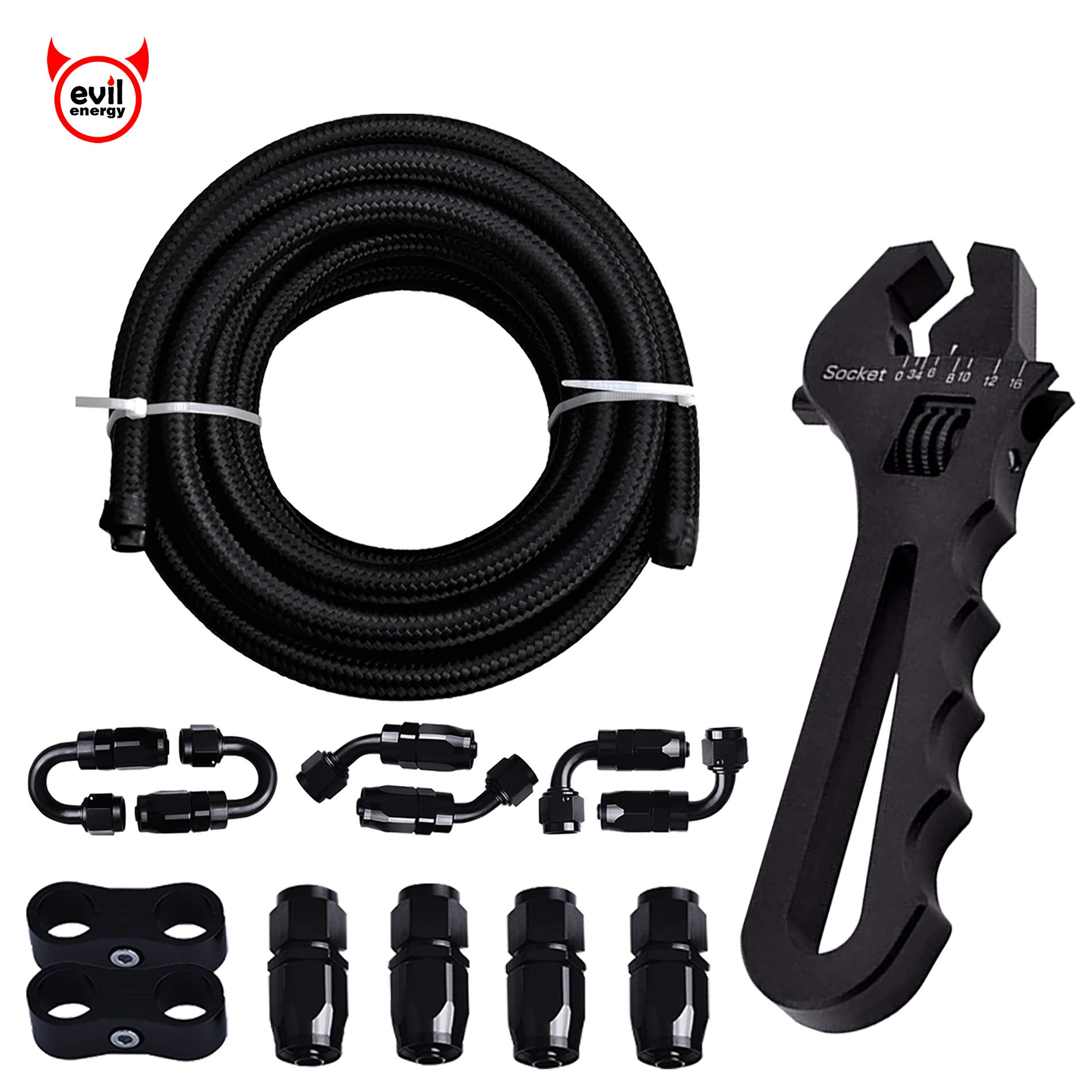 EVIL ENERGY 20FT 8AN Nylon Braided CPE Fuel Line Fitting Kit Bundle with Adjustable 3AN-16AN Wrench 
