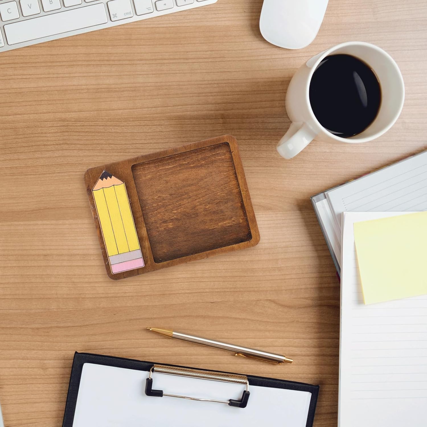 Wooden Memo Papers Case Notepad Holder with Sturdy Construction and Compact Design, Desk Organizer for Small Offices and Table Decor, Coffee Color Office Supplies Storage Box