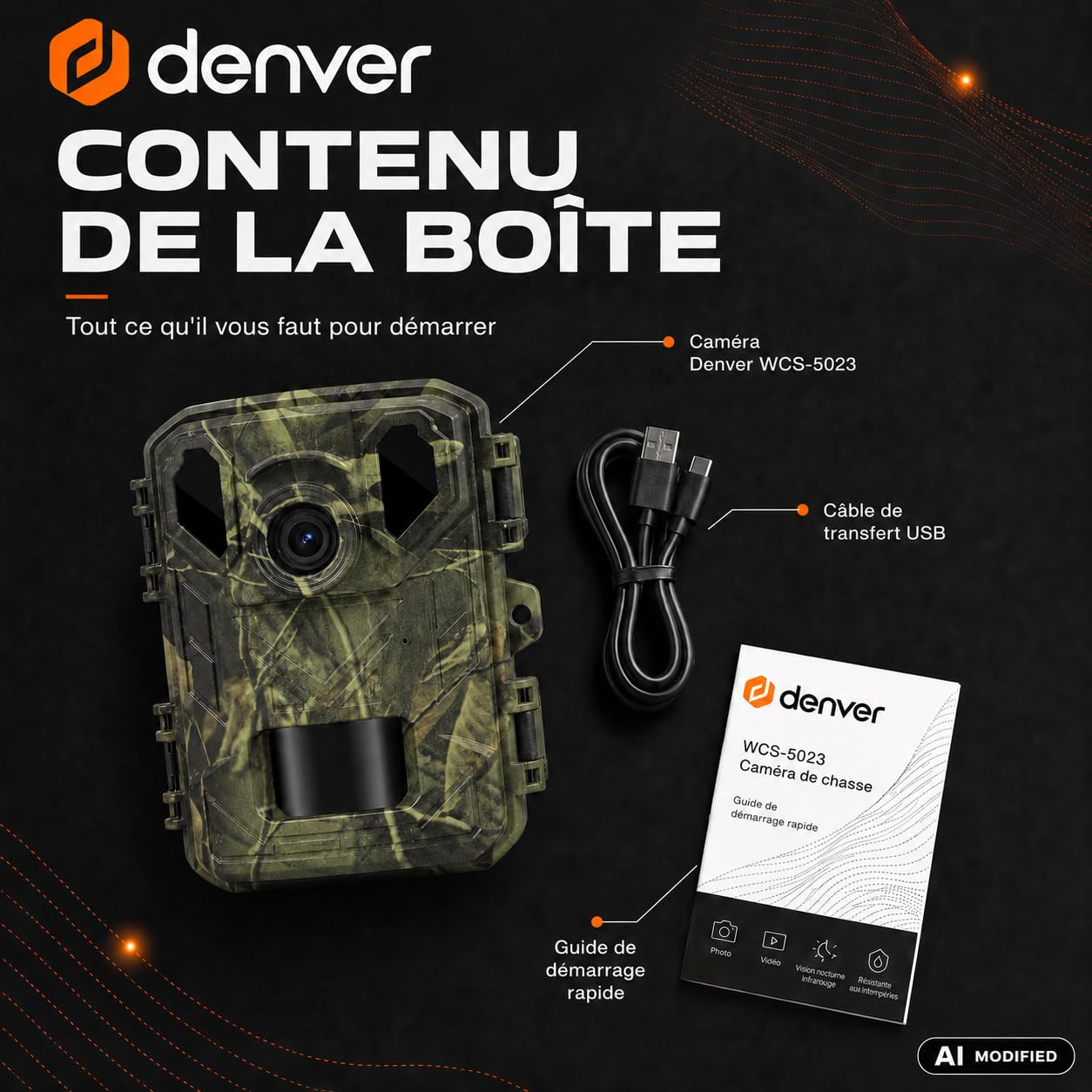 Denver Caméra de Chasse 4K 50MP, Piège Photo Animaux Vision Nocturne | 4K interpolée, 50MP interpolés, PIR 20m, Vision nocturne IR, 120°, LCD 2", IP66, MicroSD, 4xAA