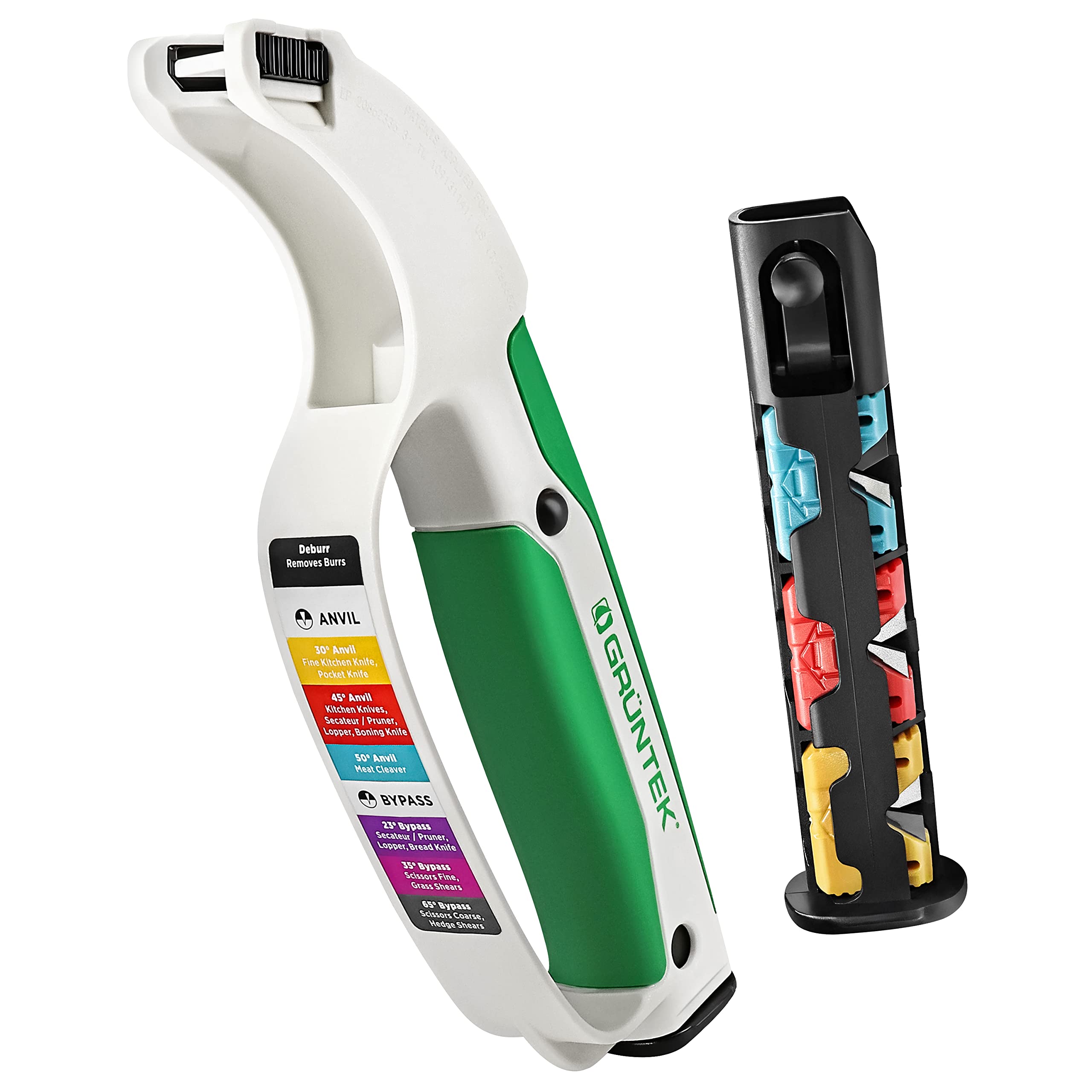 GRÜNTEK Affilatore Affilacoltelli Professionali per Cesoie da Giardino, Scalpelli, Forbici e Coltelli da cucina e Sartoria. Con 7 Cartucce Intercambiabili