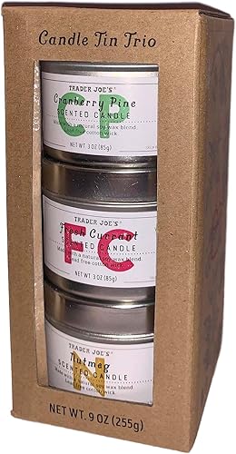 Trader Joe's Candle Tin Trio - Velas aromáticas de pino de arándano, grosella fresca y nuez moscada