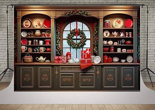 Kate Gabinetes rojos de 10 x 6.5 pies para comedor, platos, cocina, Navidad, fotografía, telón de fondo, aparadores vintage para interiores,