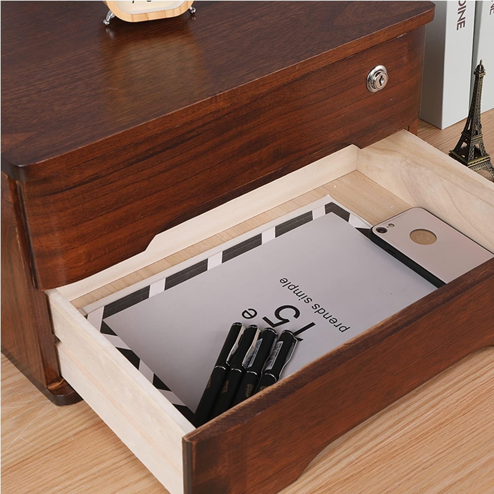 Elegante schedario in legno massello con serratura per cartelle sospese A4 e forniture per ufficio, scrivania per casa e ufficio (30 x 40 x 26 cm)