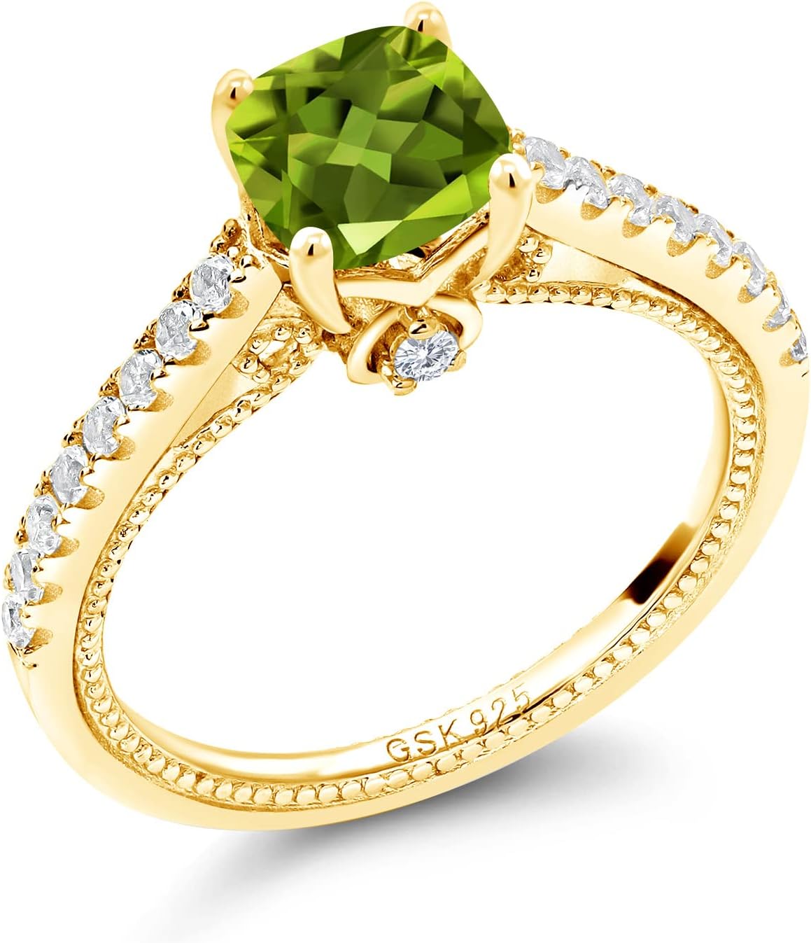 Gem Stone King 18K Yellow Gold Plated Silver Gemstone Birthstone and Accent Created Sapphire Engagement Ring | Cushion 6MM | Wedding Anniversary Promise Ring For Women | Available In Size 5-9