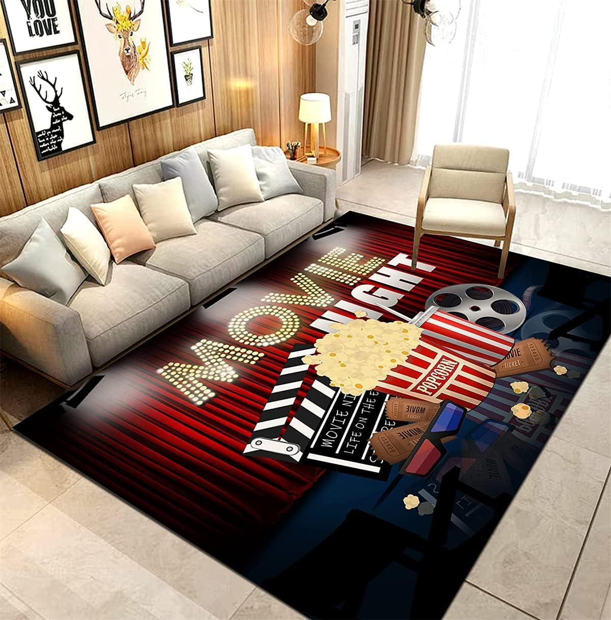 Full Size Vintage Movie Area Rug, 5x7ft Cinema Sign Washable with Non-Slip Backing Carpet, Movie Theater Decor Accessories Home Theater Rug, for Home